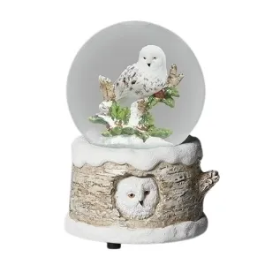 5" White Woodland Winter Owl Musical Wind-Up Water Globe