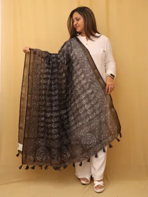 Black Block Printed Chanderi Silk Dupatta