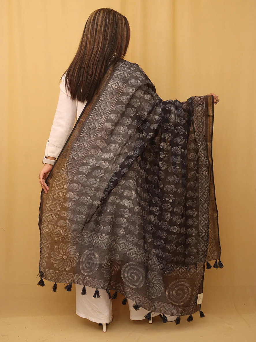 Black Block Printed Chanderi Silk Dupatta