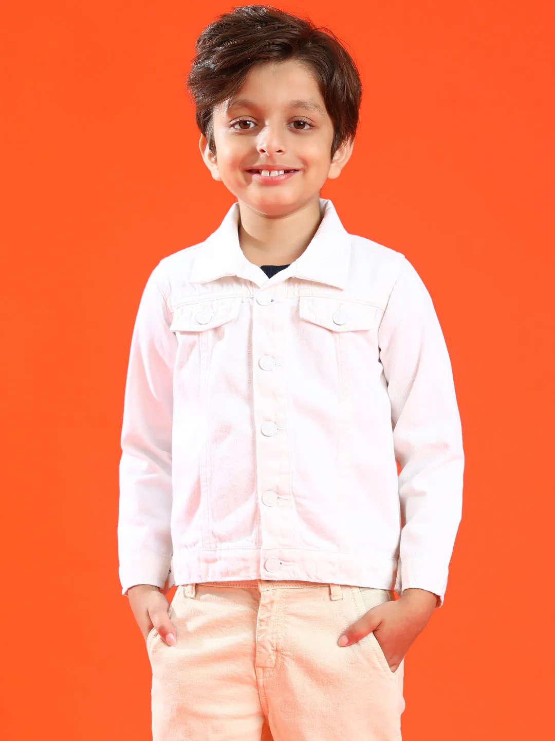 Boys and Girls White Cotton Regular Fit Solid Ultra White Jacket