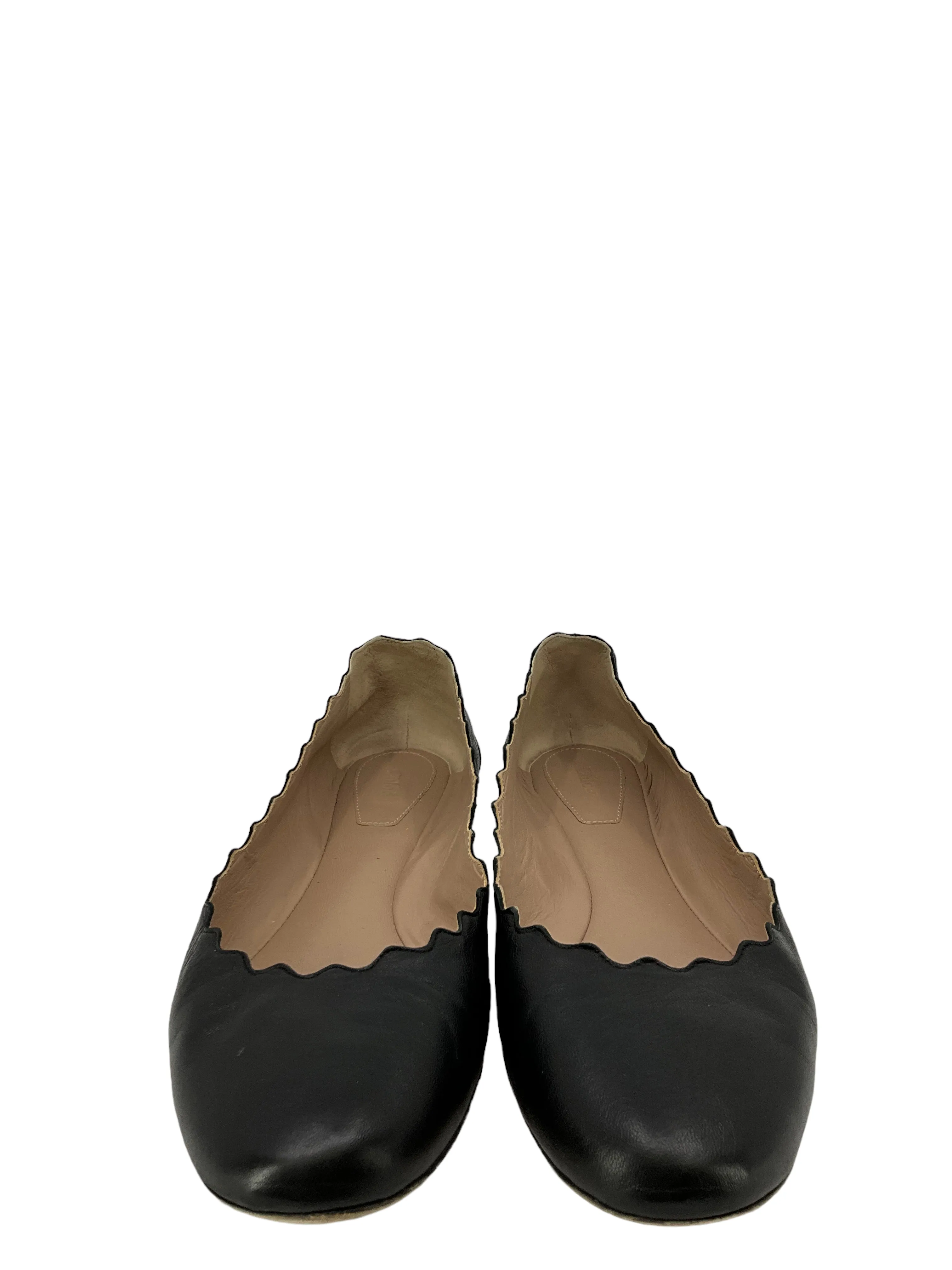 Chloe Lauren Scalloped Black Leather Flats Size 7.5