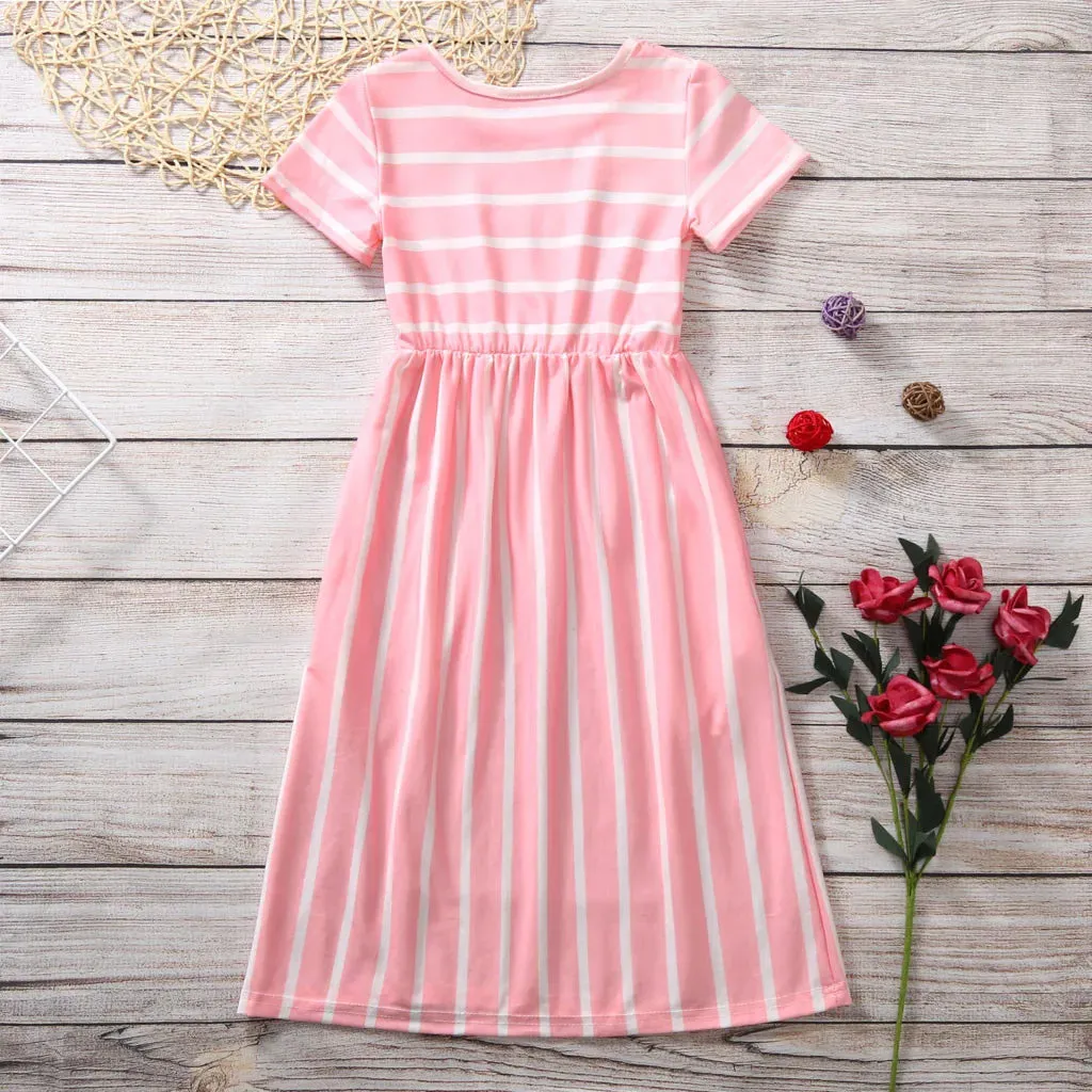 Girls Striped Long Dress Teenager Beach Party Bohemia Maxi Dresses With Pocket Casual Sundress Outfits Beachwear For Children