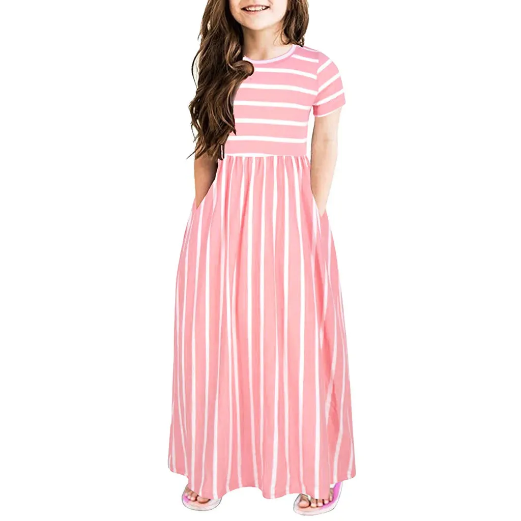 Girls Striped Long Dress Teenager Beach Party Bohemia Maxi Dresses With Pocket Casual Sundress Outfits Beachwear For Children