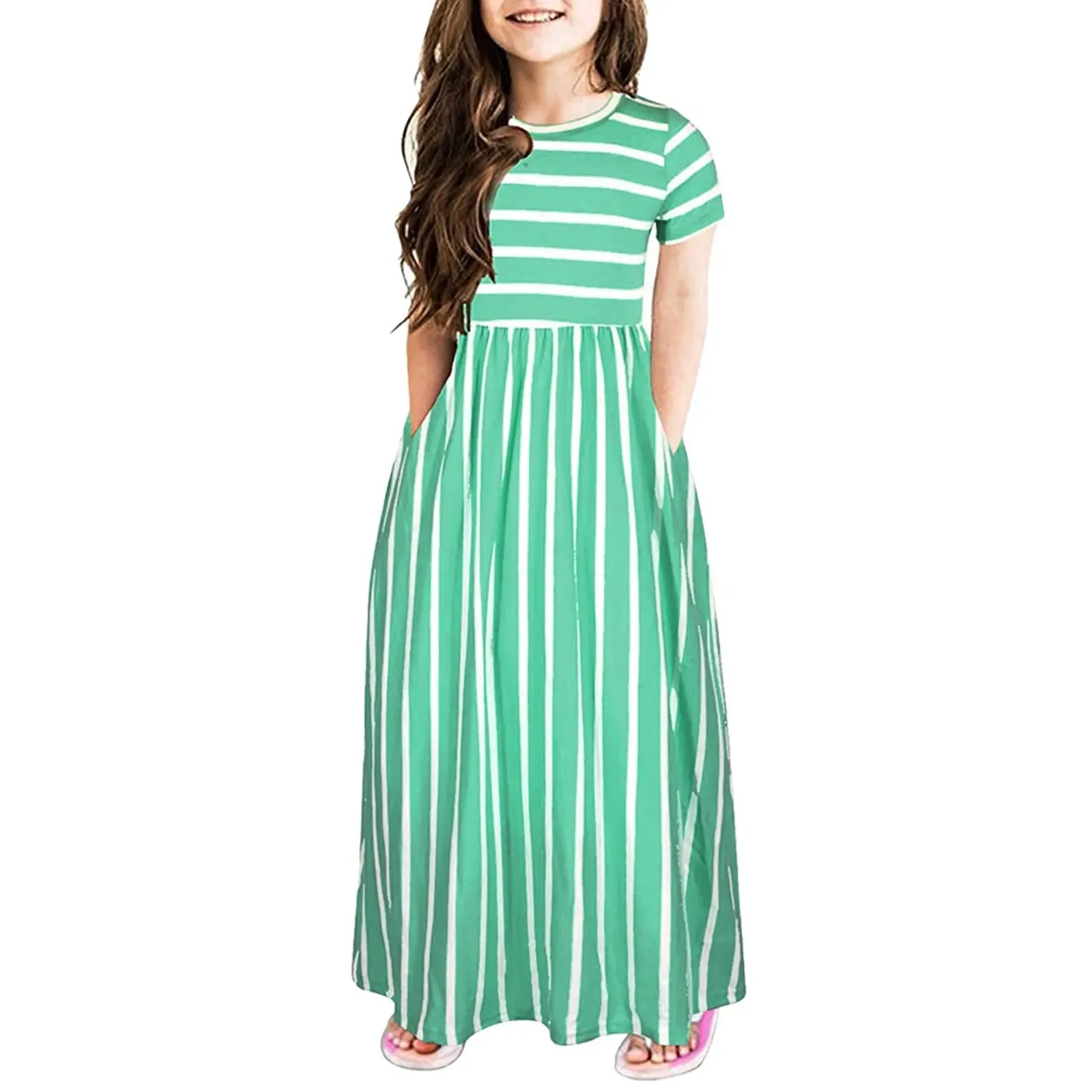 Girls Striped Long Dress Teenager Beach Party Bohemia Maxi Dresses With Pocket Casual Sundress Outfits Beachwear For Children