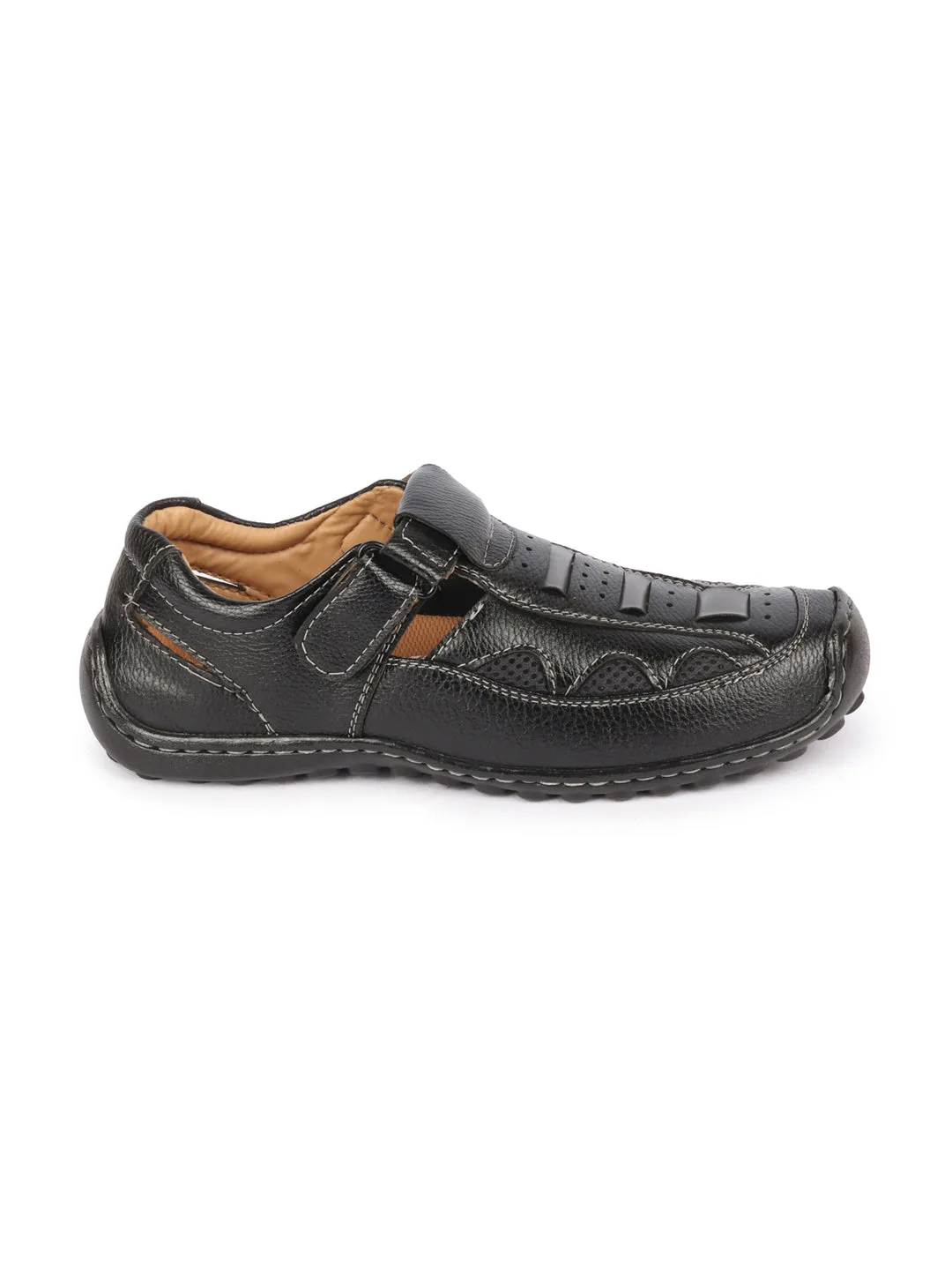 Mens Black Genuine Leather Roman Sandals with Breathable PU Insole and Hook-and-Loop Closure