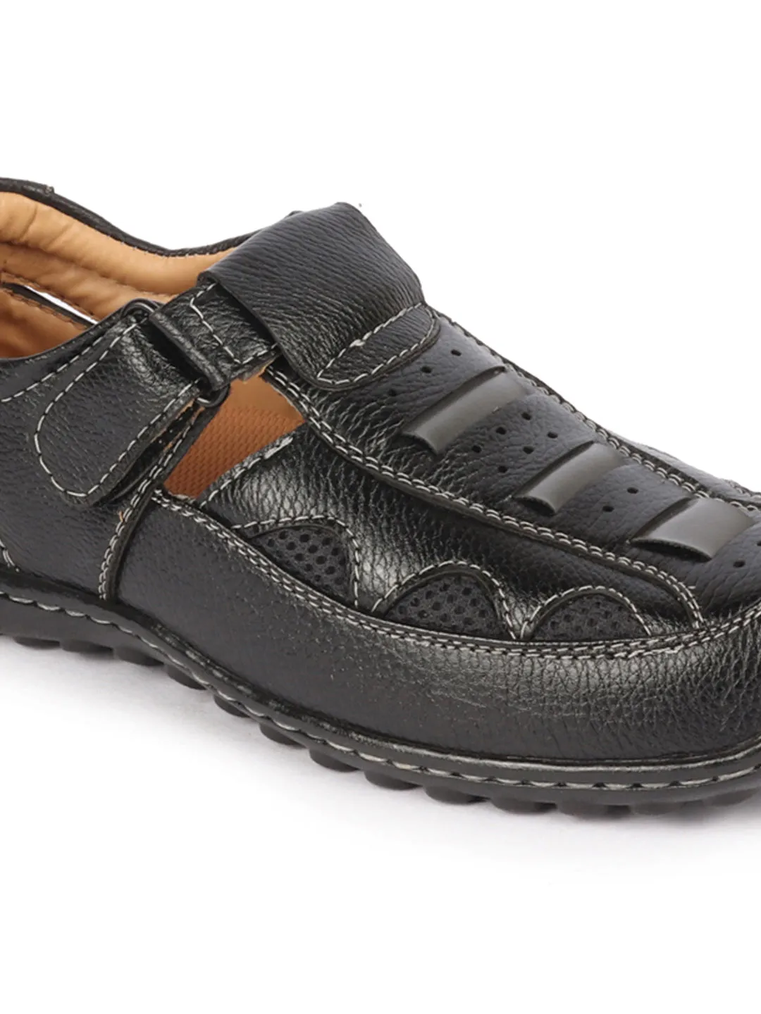 Mens Black Genuine Leather Roman Sandals with Breathable PU Insole and Hook-and-Loop Closure