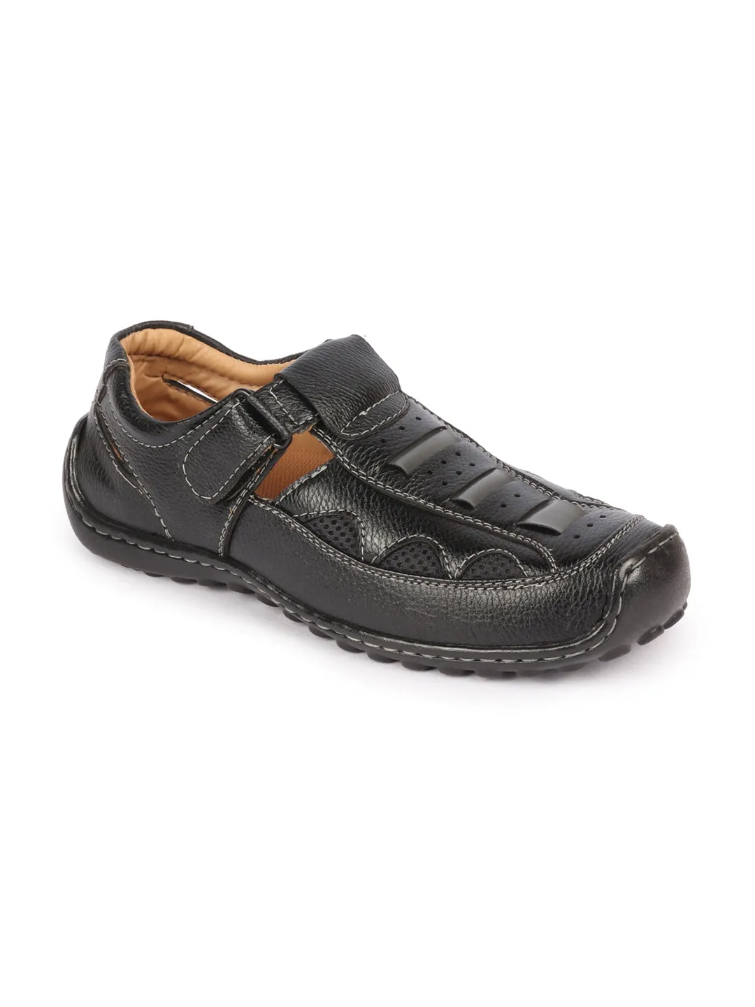 Mens Black Genuine Leather Roman Sandals with Breathable PU Insole and Hook-and-Loop Closure