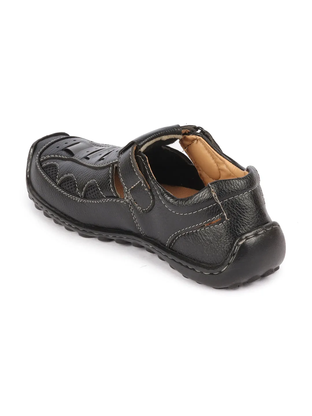 Mens Black Genuine Leather Roman Sandals with Breathable PU Insole and Hook-and-Loop Closure