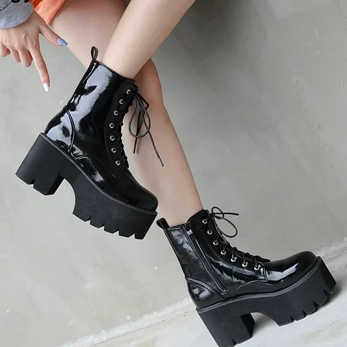 'Omen' Patent Black Lace up Platform Boots