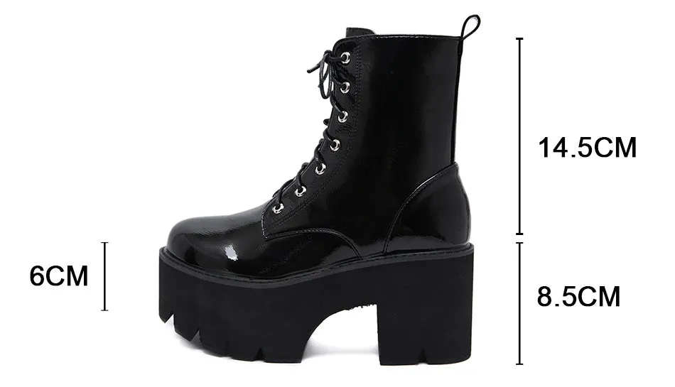 'Omen' Patent Black Lace up Platform Boots