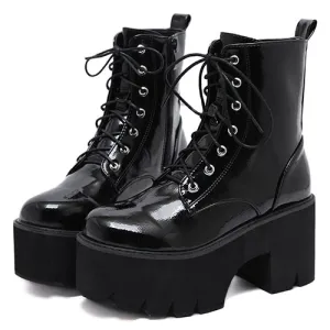 'Omen' Patent Black Lace up Platform Boots