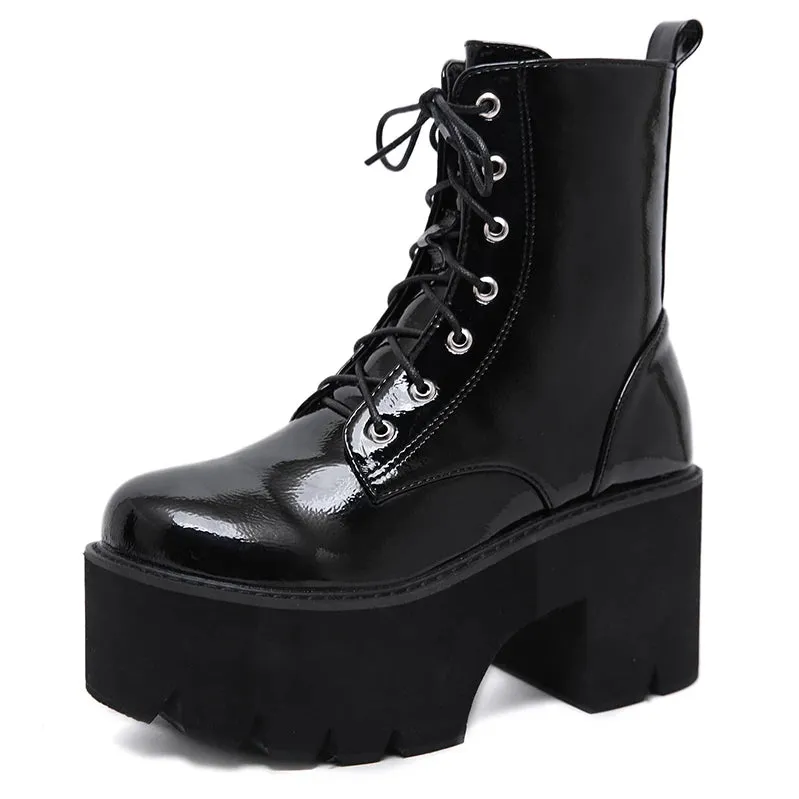 'Omen' Patent Black Lace up Platform Boots