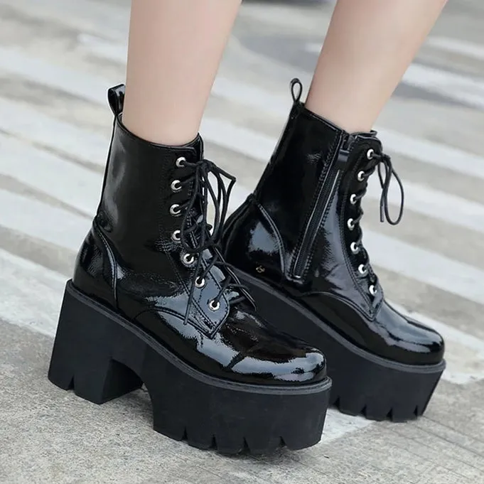 'Omen' Patent Black Lace up Platform Boots