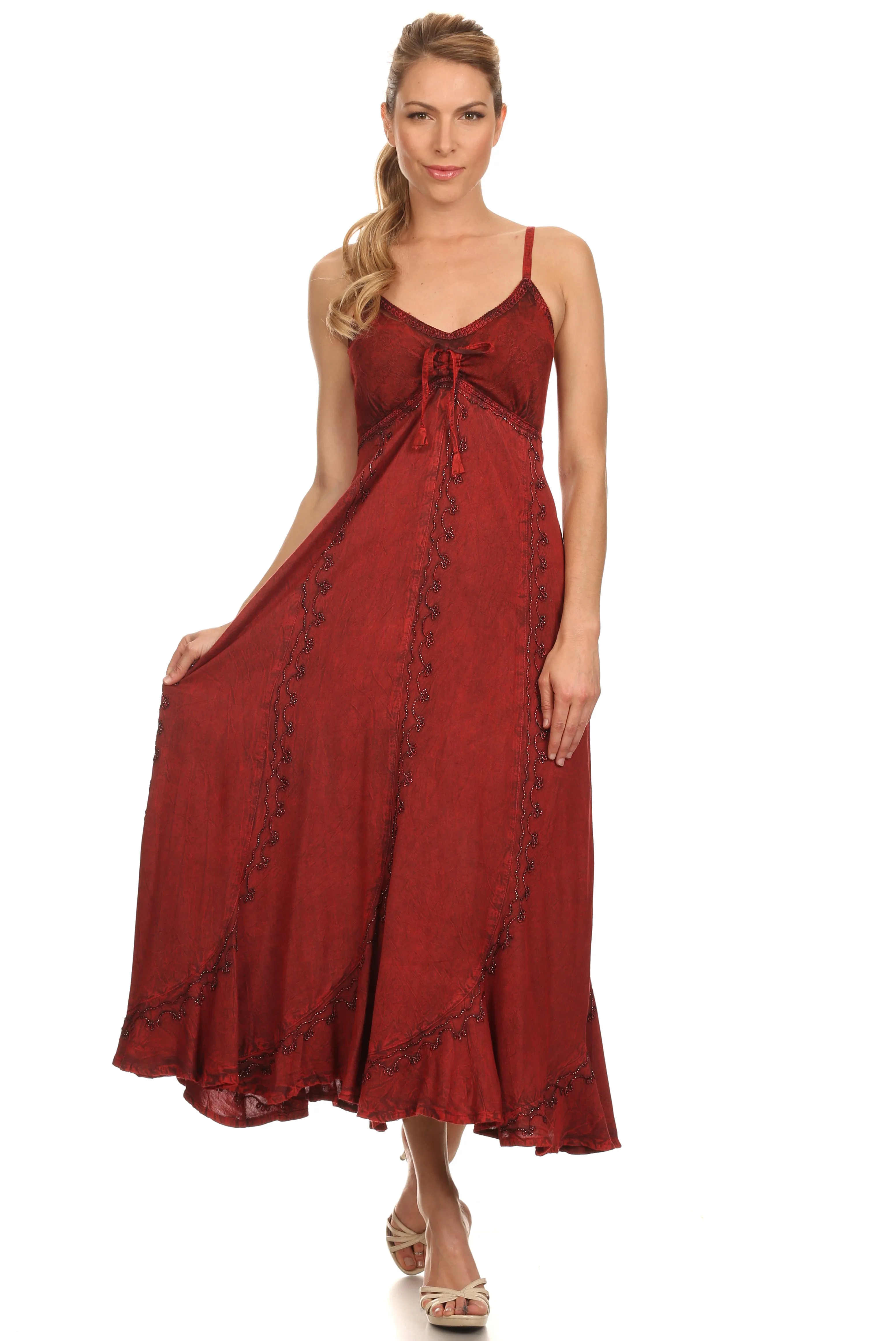 Sakkas Allie Stonewashed Embroidered Adjustable Spaghetti Straps Long Dress