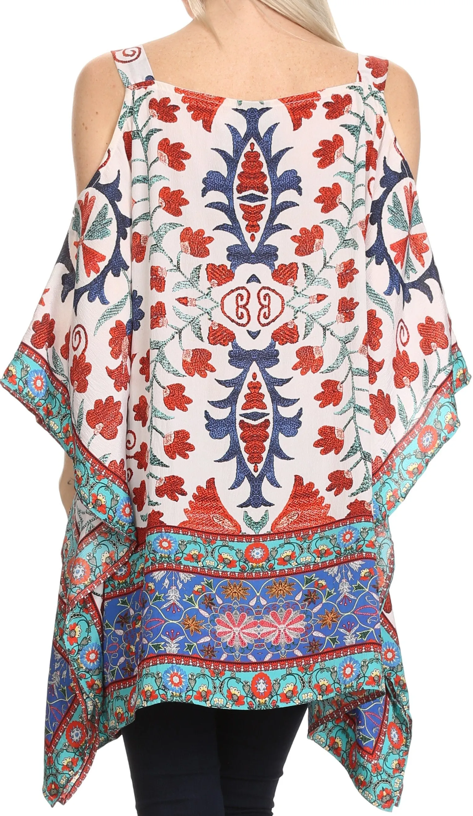 Sakkas Anya Printed Draped Short Sleeve Strap Cutout Shoulder V-Neck Kaftan Top