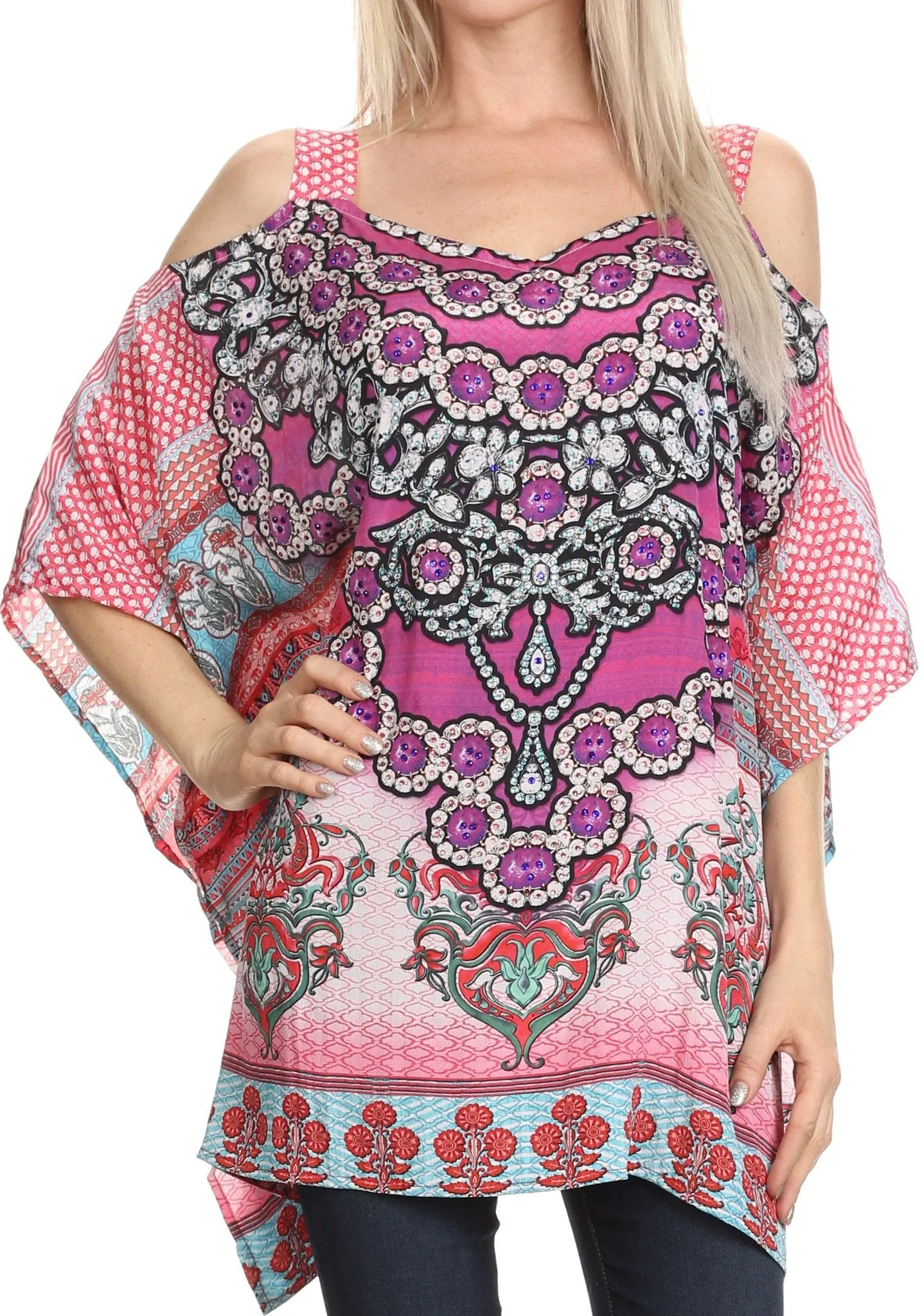 Sakkas Anya Printed Draped Short Sleeve Strap Cutout Shoulder V-Neck Kaftan Top