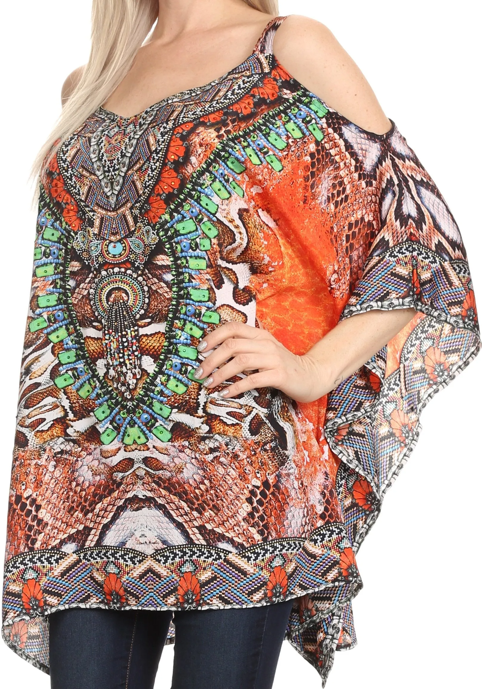 Sakkas Anya Printed Draped Short Sleeve Strap Cutout Shoulder V-Neck Kaftan Top