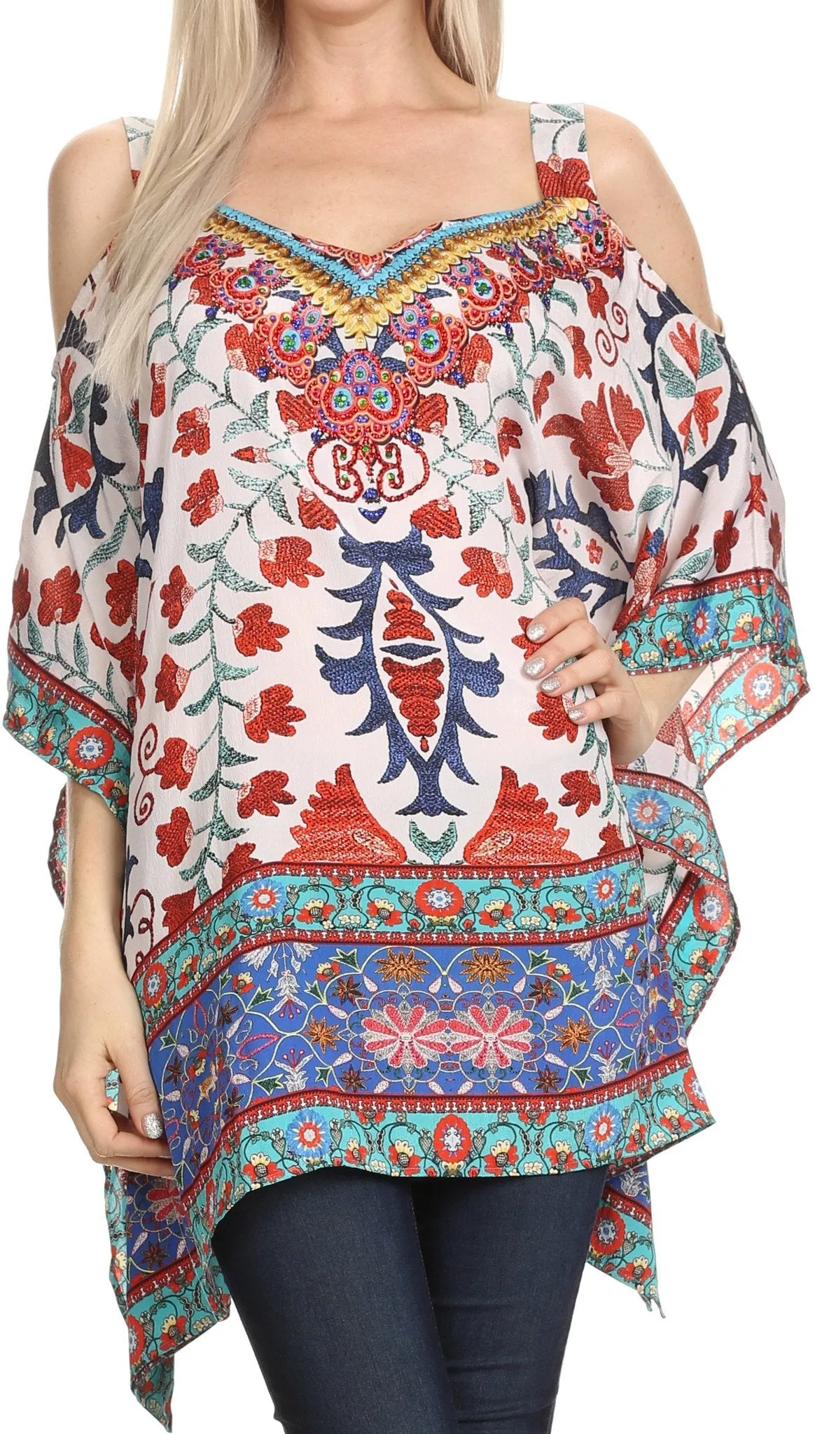 Sakkas Anya Printed Draped Short Sleeve Strap Cutout Shoulder V-Neck Kaftan Top