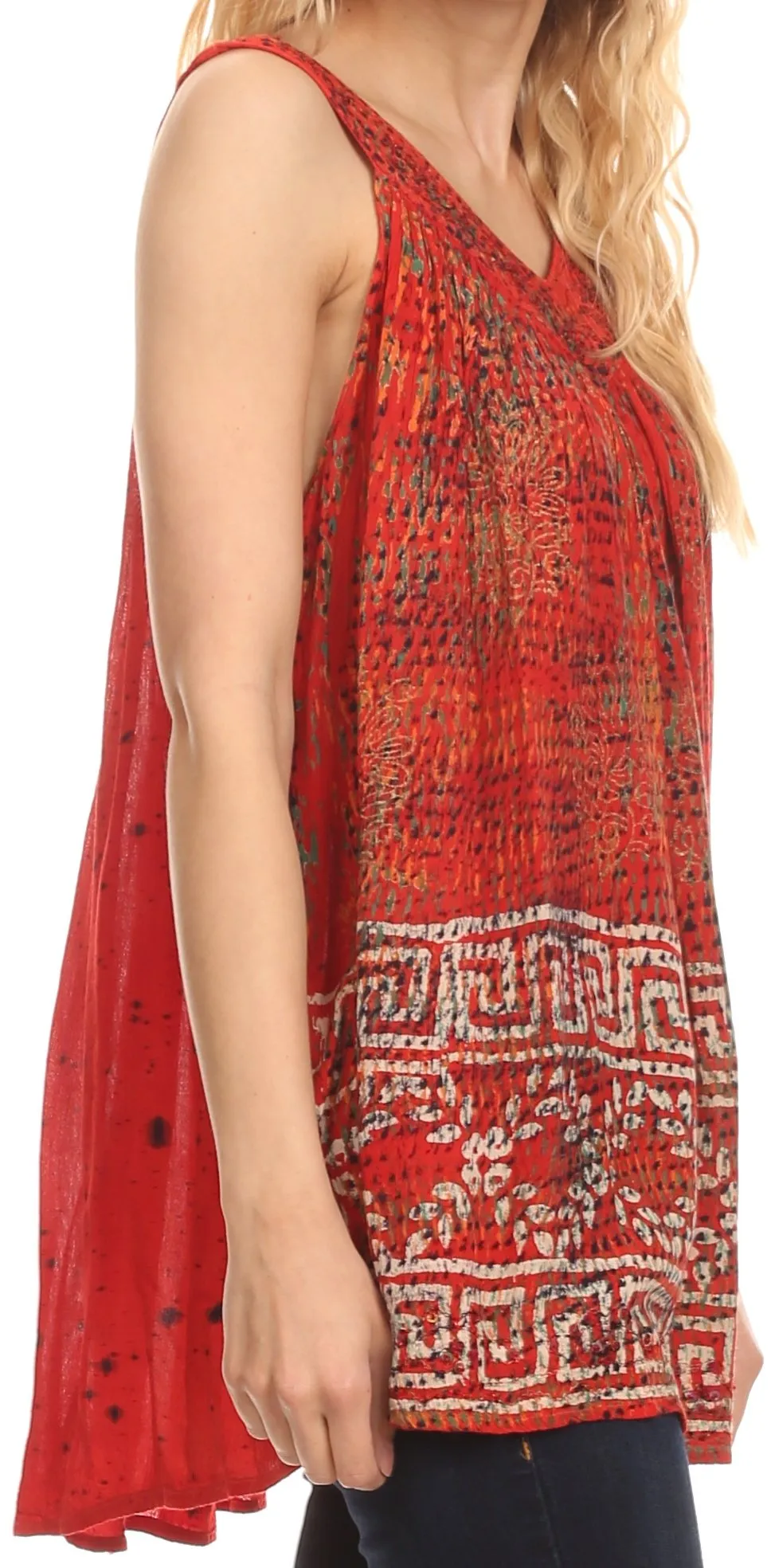 Sakkas Badalea Long Embroidered Sequin Beaded Batik Shirt Printed Tank Top Blouse