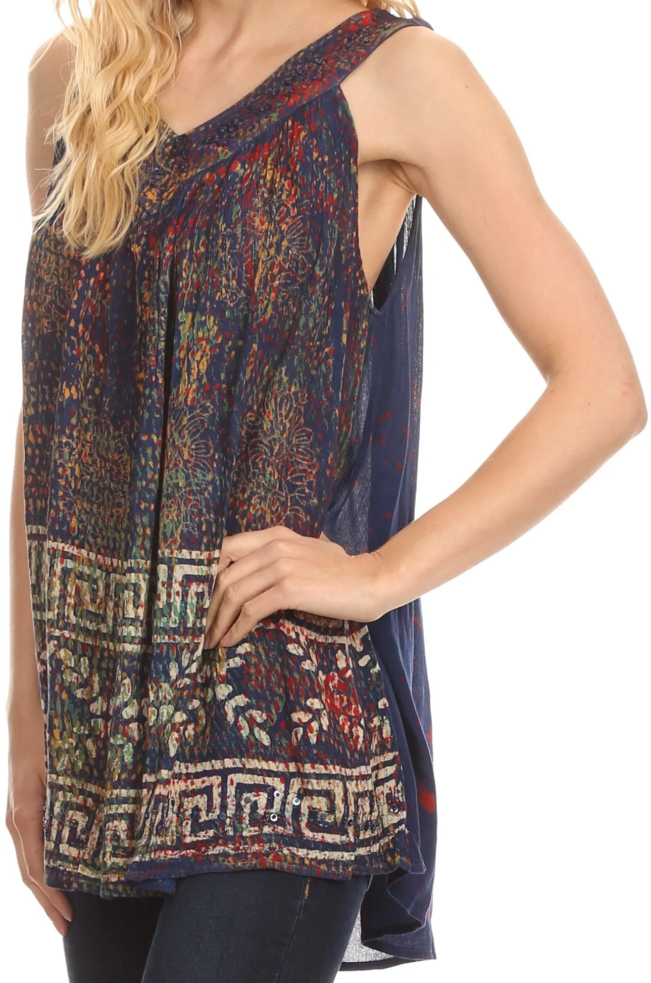 Sakkas Badalea Long Embroidered Sequin Beaded Batik Shirt Printed Tank Top Blouse