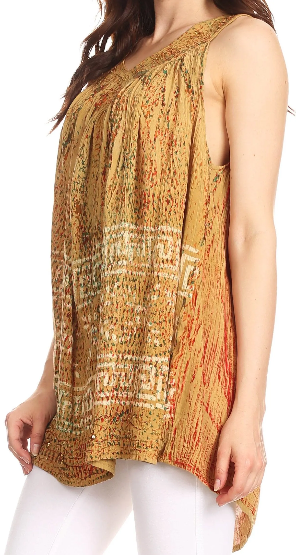 Sakkas Badalea Long Embroidered Sequin Beaded Batik Shirt Printed Tank Top Blouse