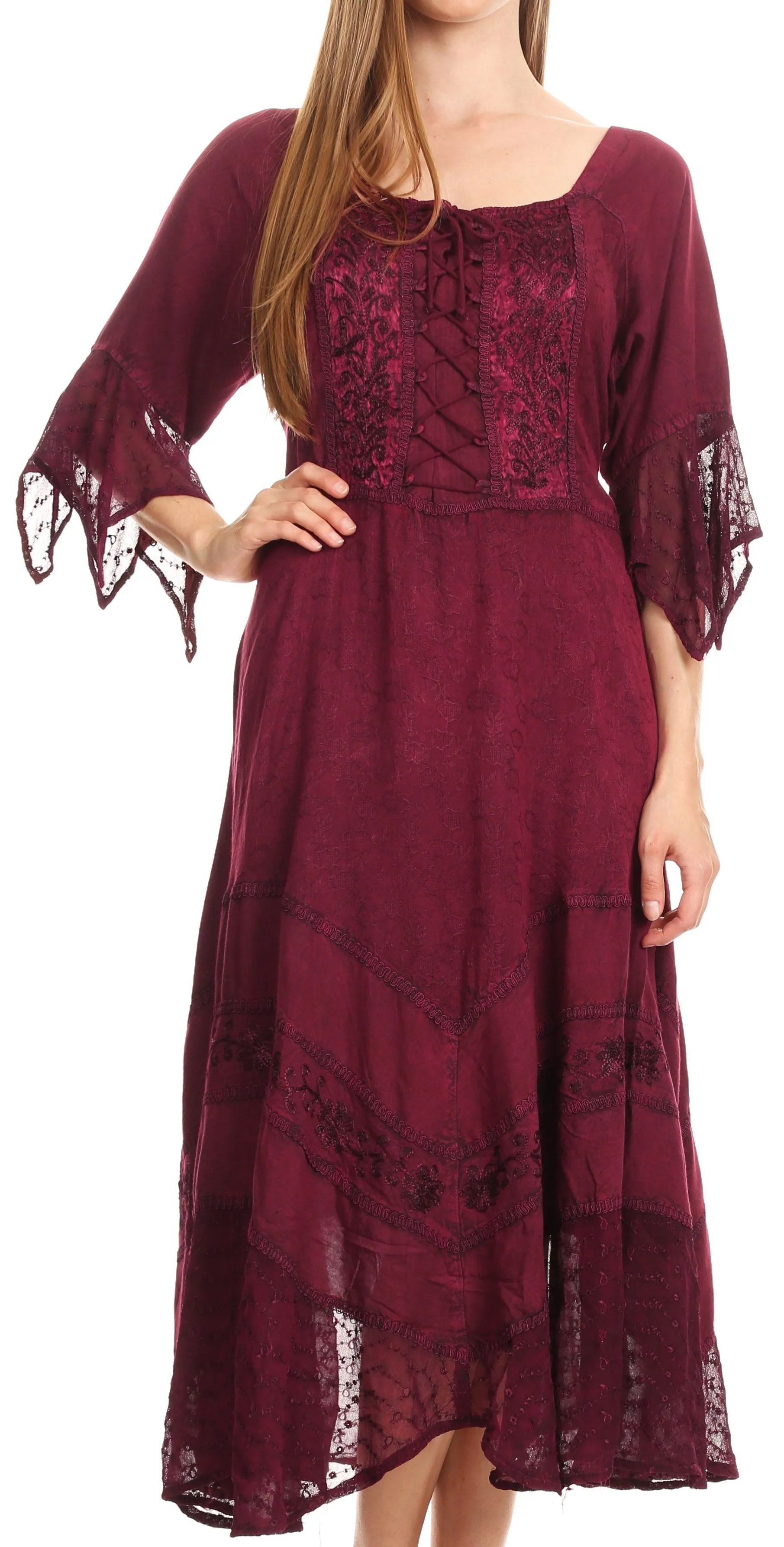 Sakkas Bexley Scoop Neck Bell Sleeve Bohemian Gypsy Embroidered Corset Dress