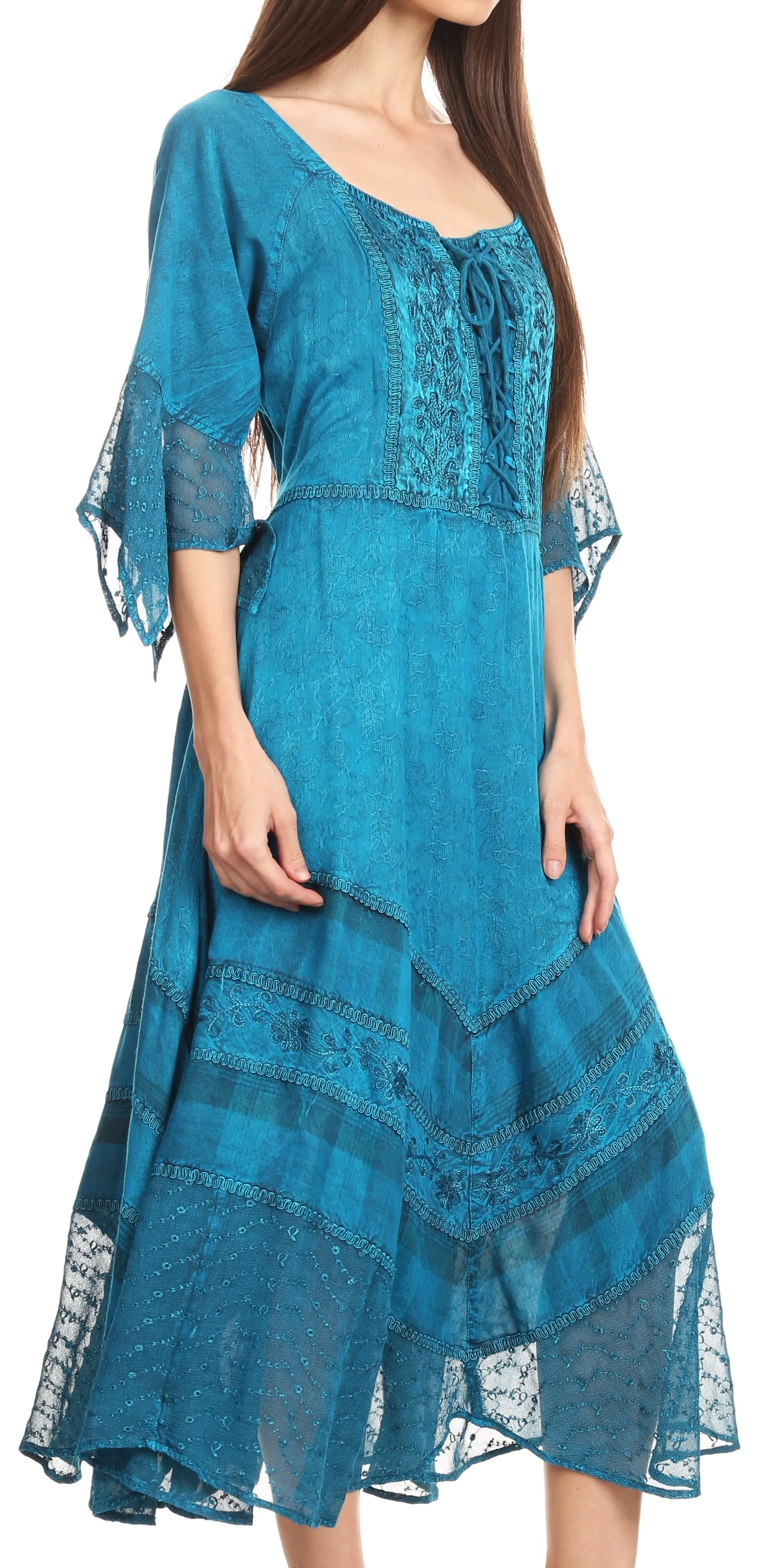 Sakkas Bexley Scoop Neck Bell Sleeve Bohemian Gypsy Embroidered Corset Dress