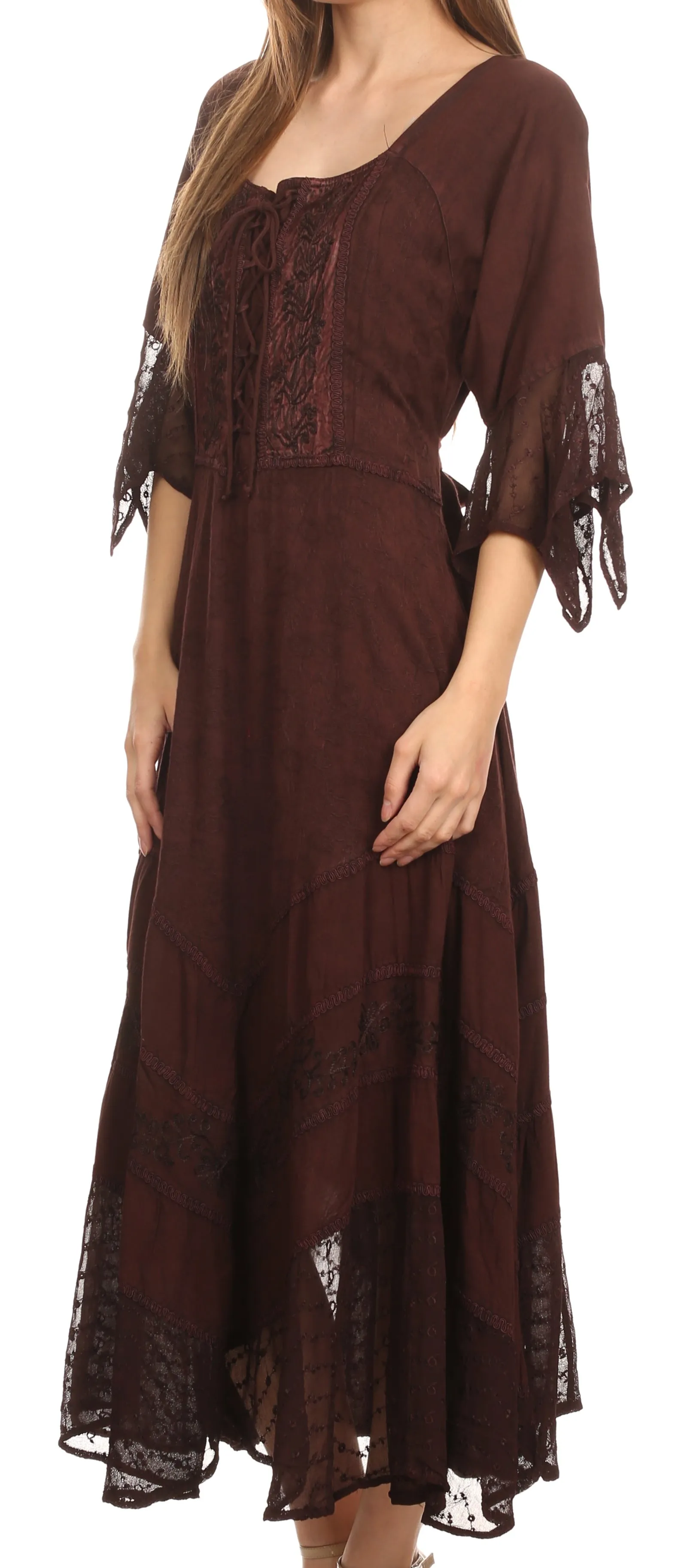 Sakkas Bexley Scoop Neck Bell Sleeve Bohemian Gypsy Embroidered Corset Dress