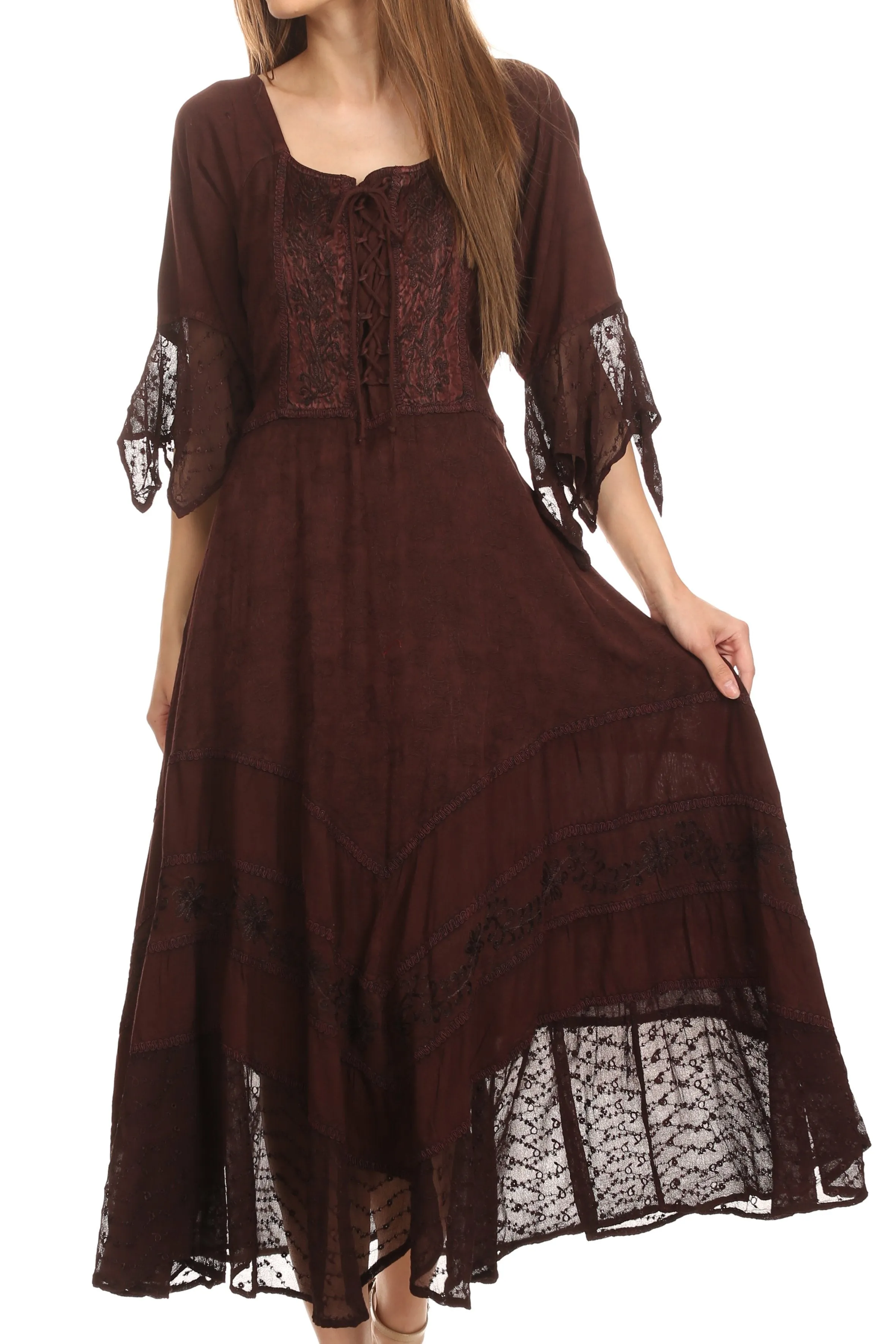 Sakkas Bexley Scoop Neck Bell Sleeve Bohemian Gypsy Embroidered Corset Dress