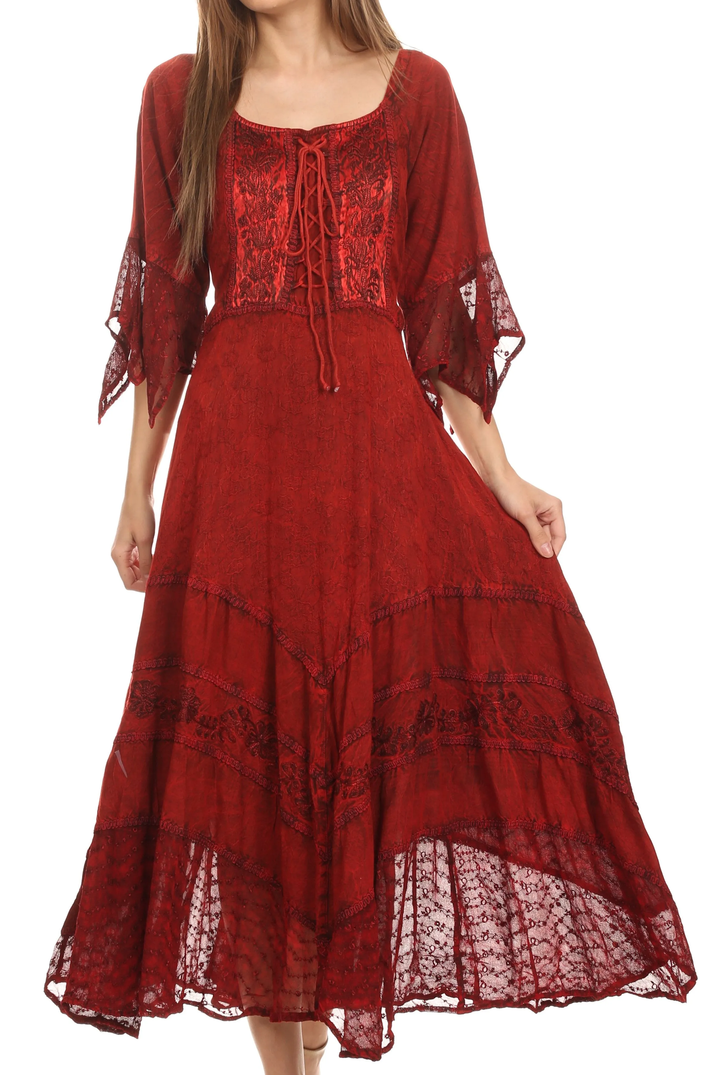 Sakkas Bexley Scoop Neck Bell Sleeve Bohemian Gypsy Embroidered Corset Dress