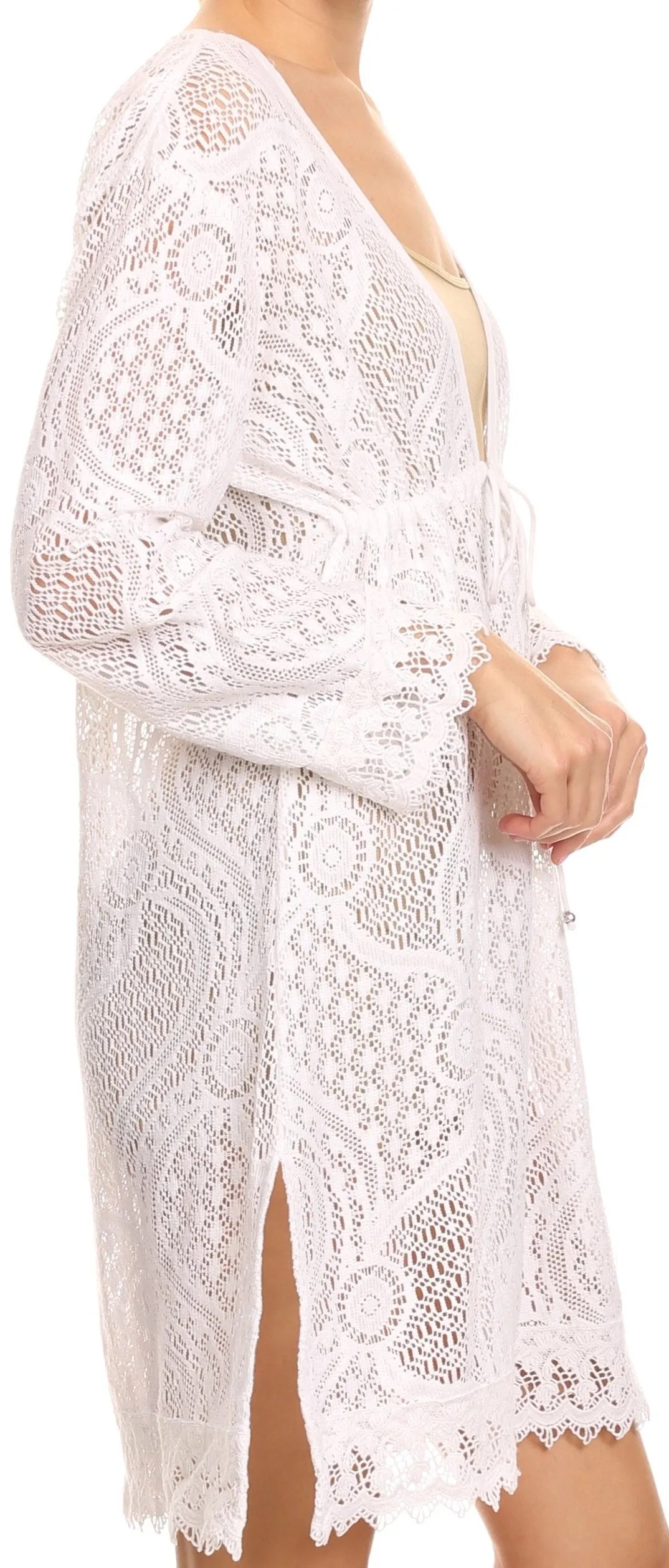 Sakkas Cal Long Crochet Lace Embroidered Adjustable Long Sleeve Tall Beach Dress