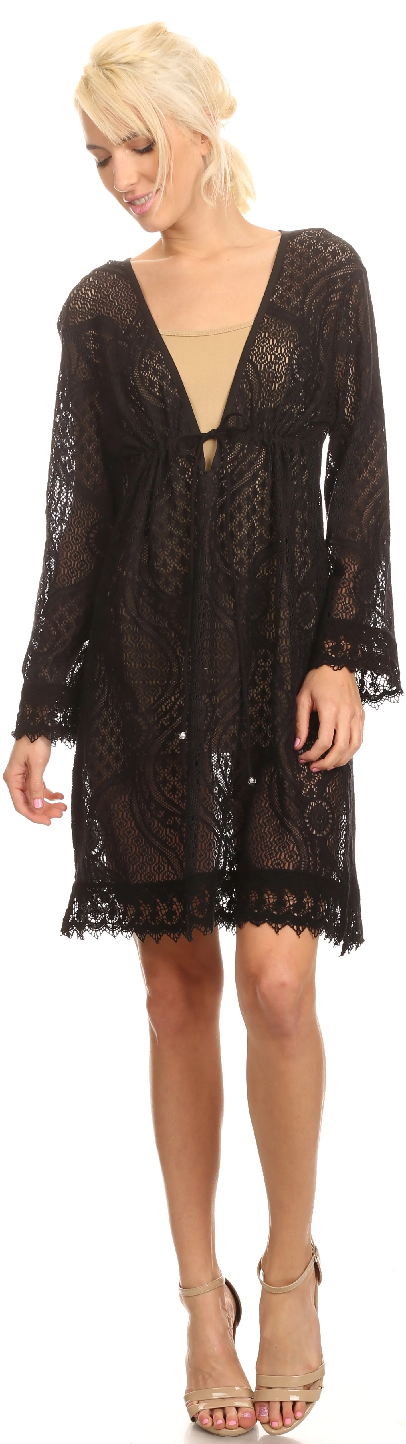 Sakkas Cal Long Crochet Lace Embroidered Adjustable Long Sleeve Tall Beach Dress