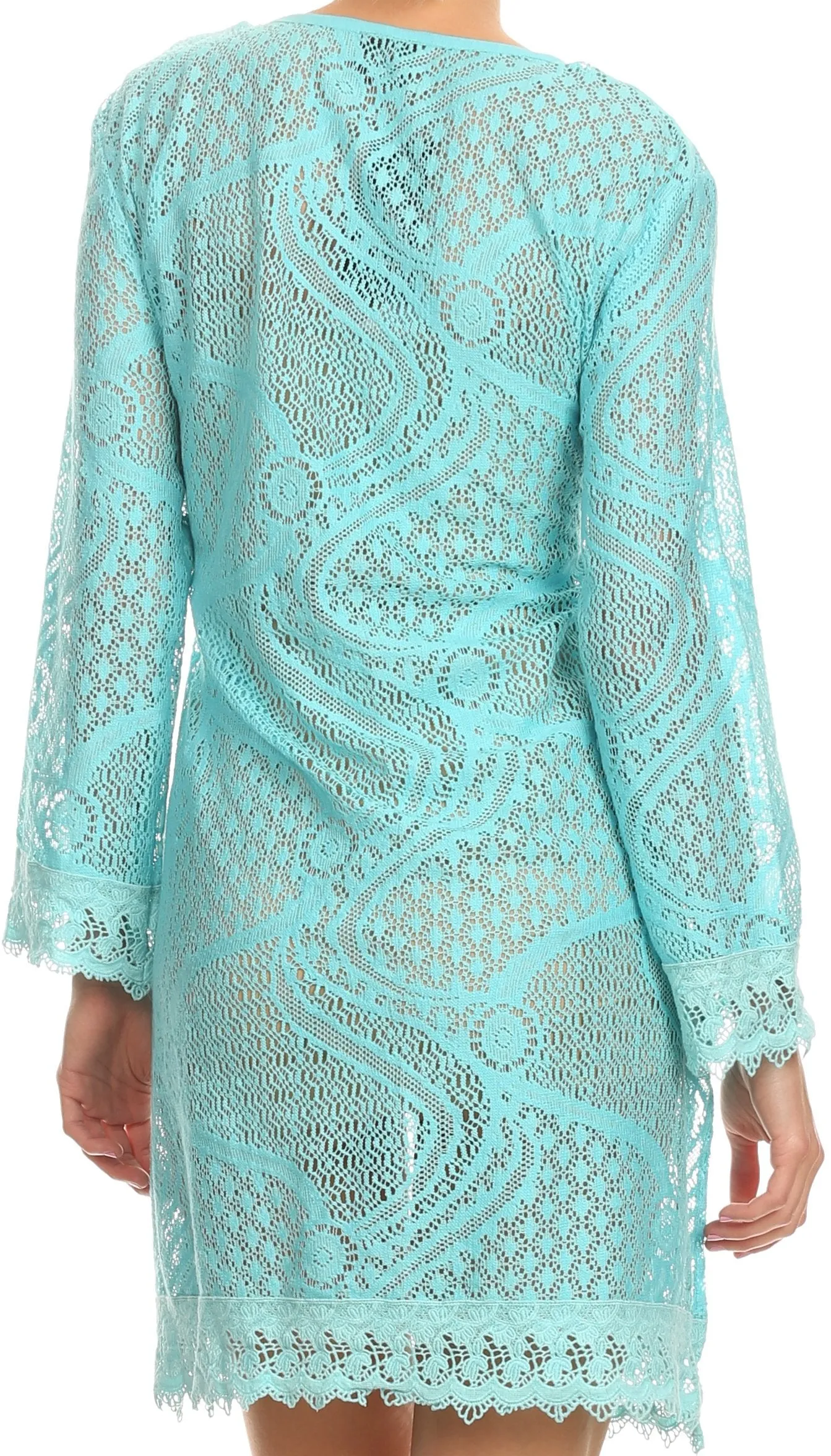 Sakkas Cal Long Crochet Lace Embroidered Adjustable Long Sleeve Tall Beach Dress