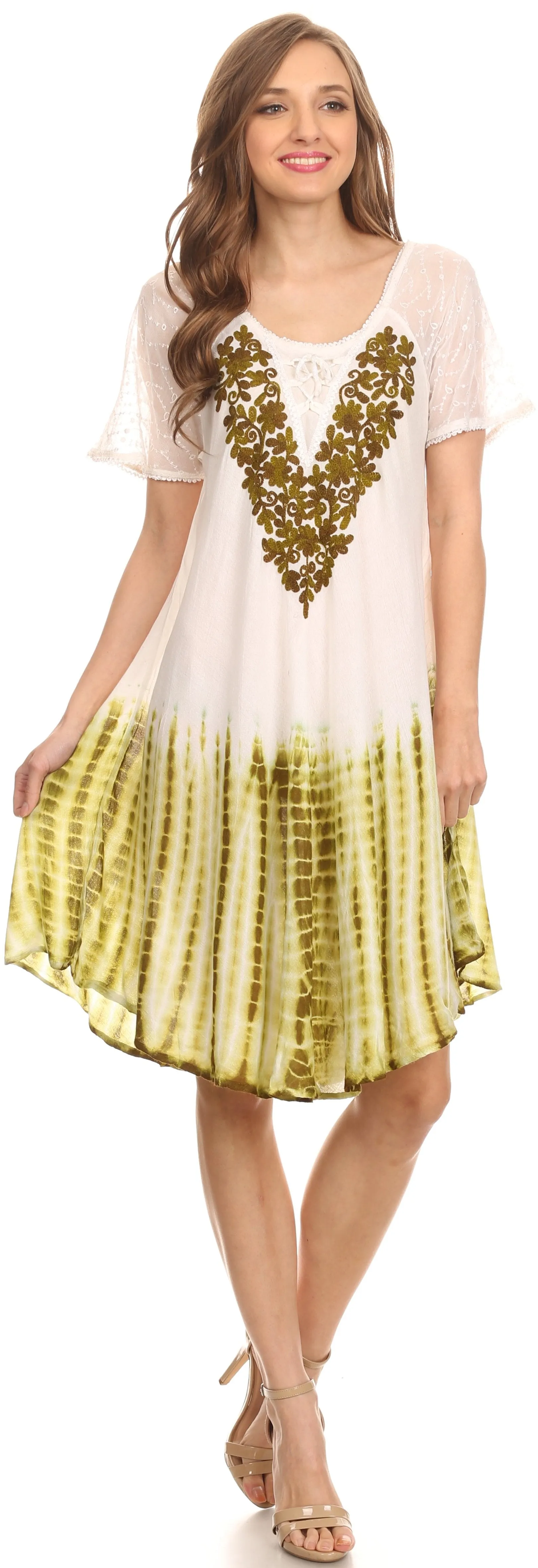 Sakkas Francea Mid Length Caftan Embroidered Cap Sleeves Dress / Cover Up