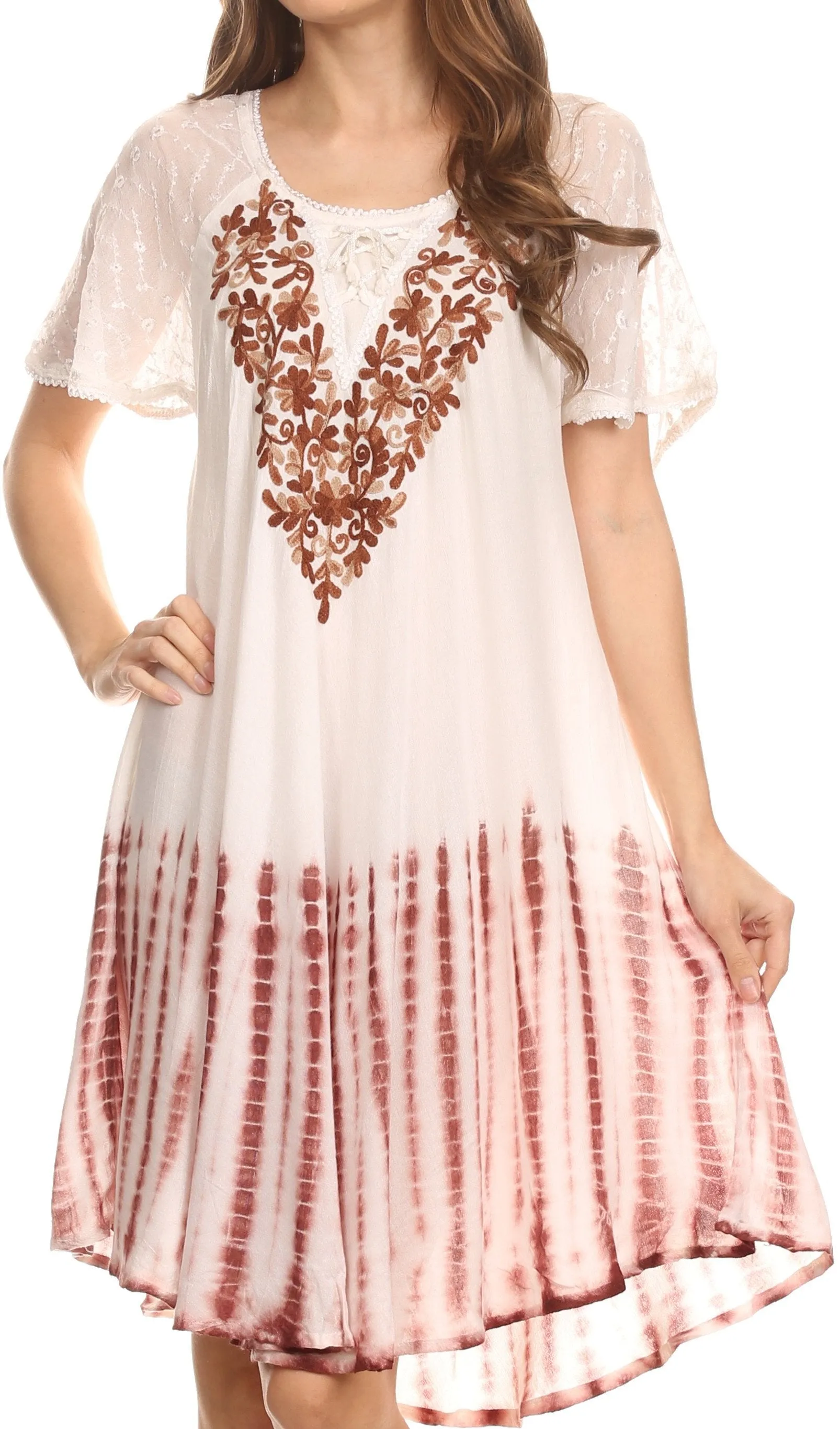 Sakkas Francea Mid Length Caftan Embroidered Cap Sleeves Dress / Cover Up