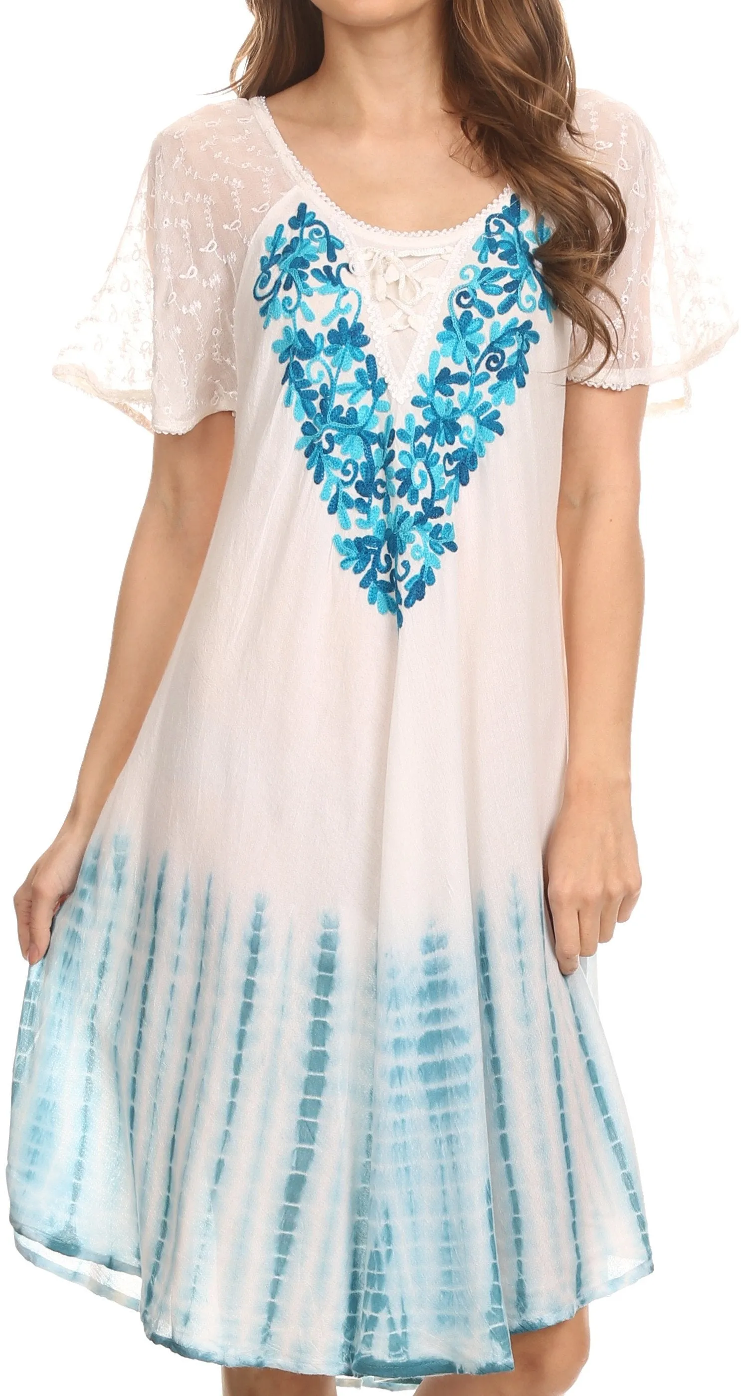 Sakkas Francea Mid Length Caftan Embroidered Cap Sleeves Dress / Cover Up