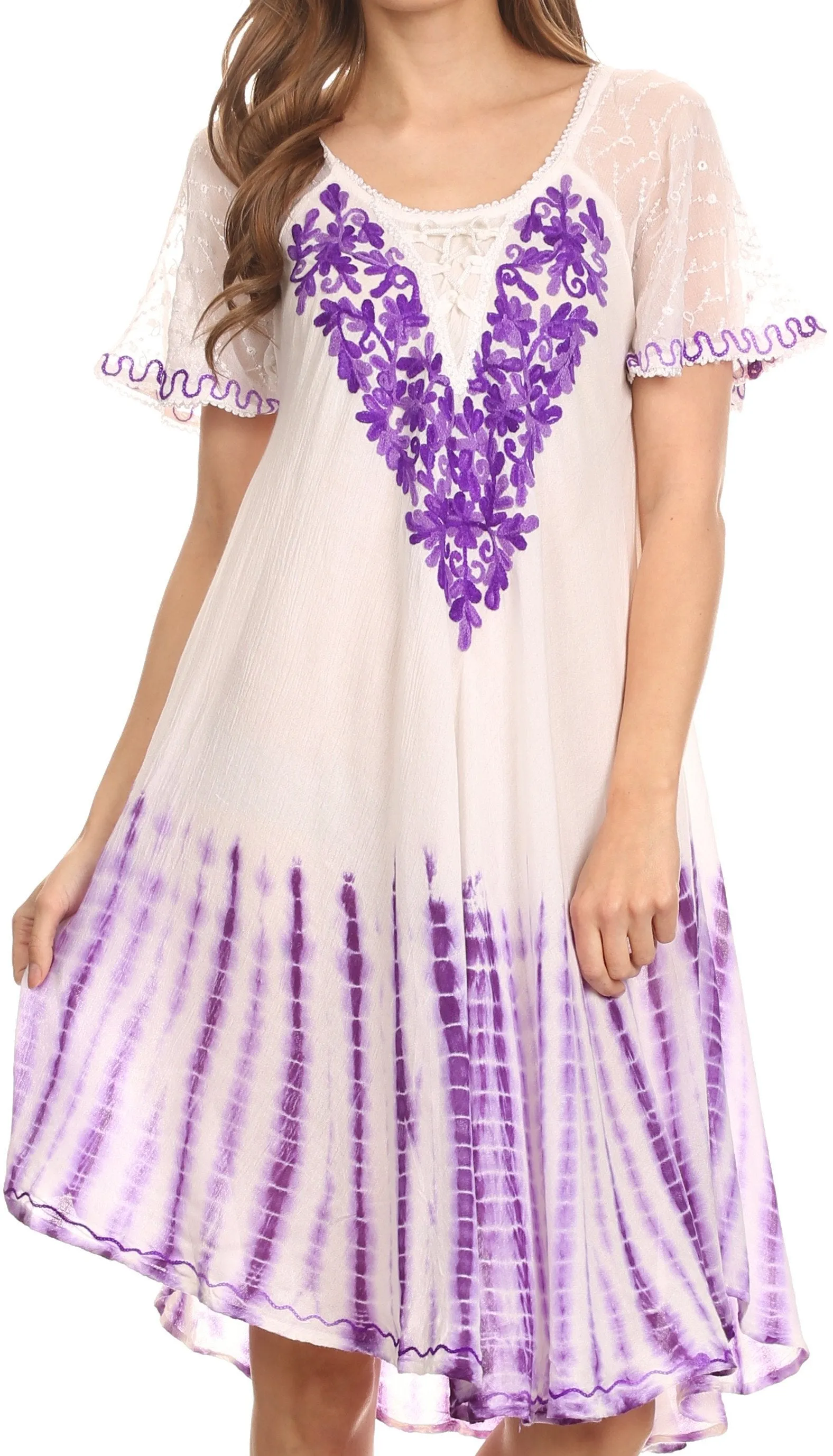 Sakkas Francea Mid Length Caftan Embroidered Cap Sleeves Dress / Cover Up