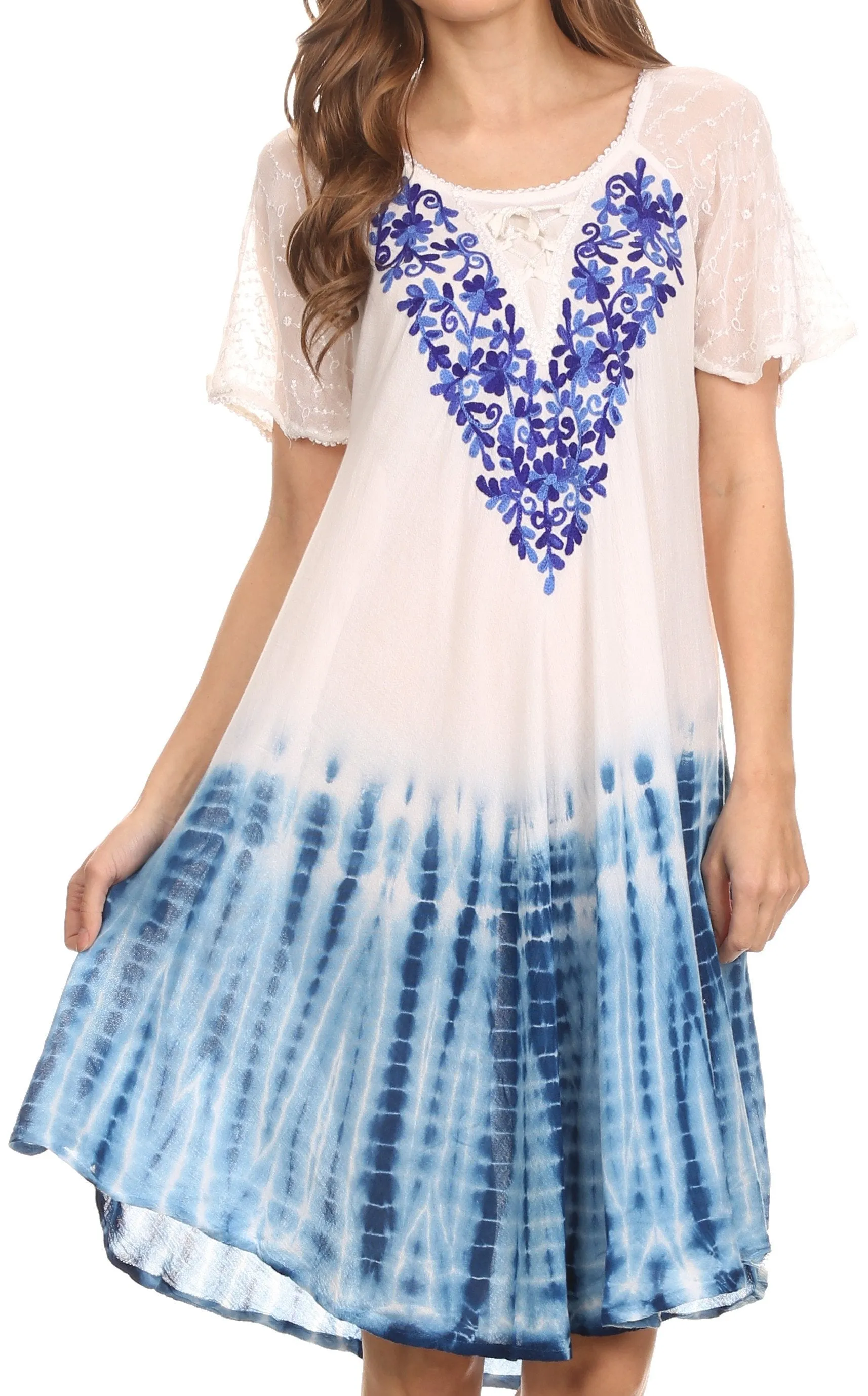 Sakkas Francea Mid Length Caftan Embroidered Cap Sleeves Dress / Cover Up