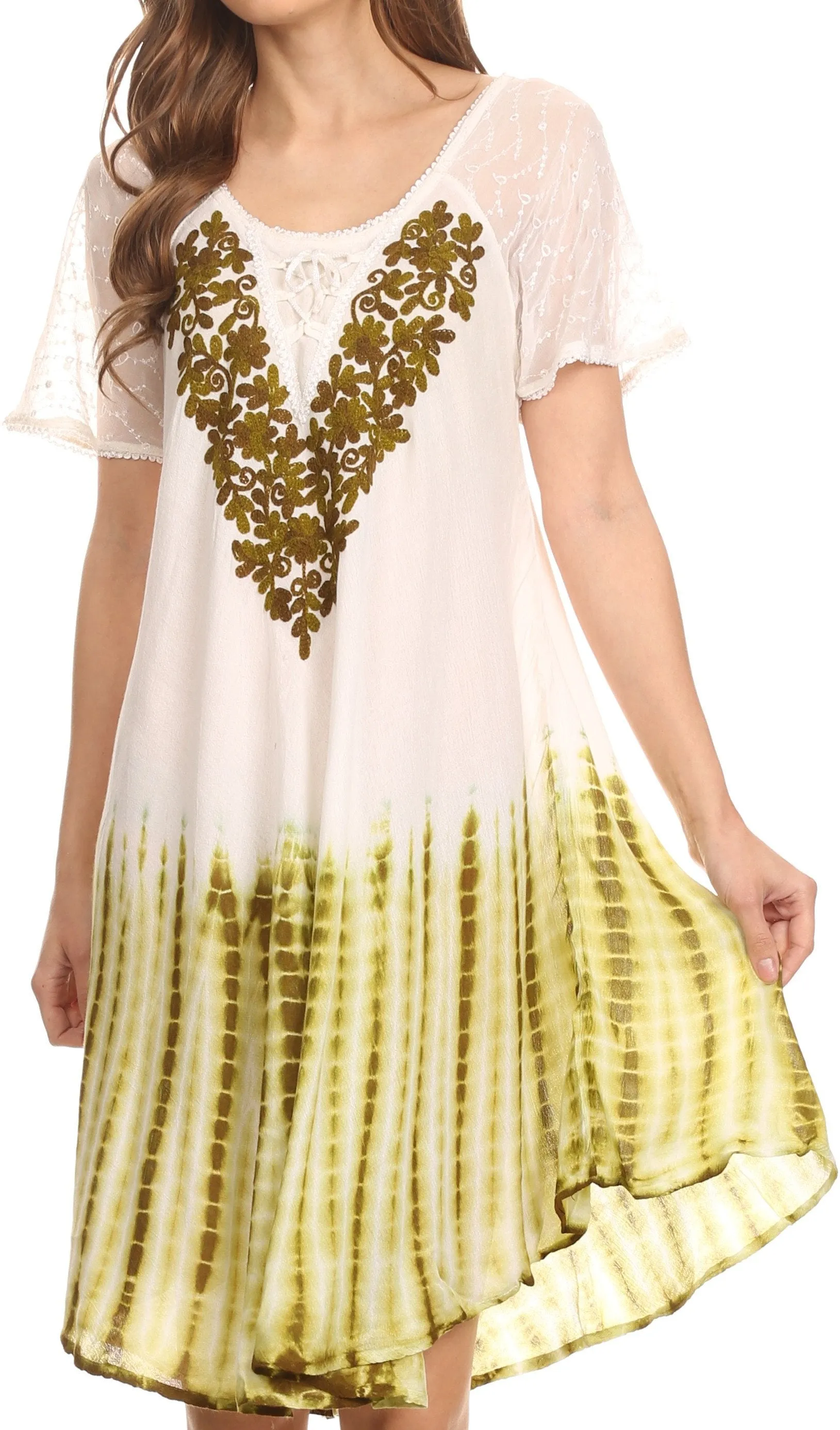 Sakkas Francea Mid Length Caftan Embroidered Cap Sleeves Dress / Cover Up