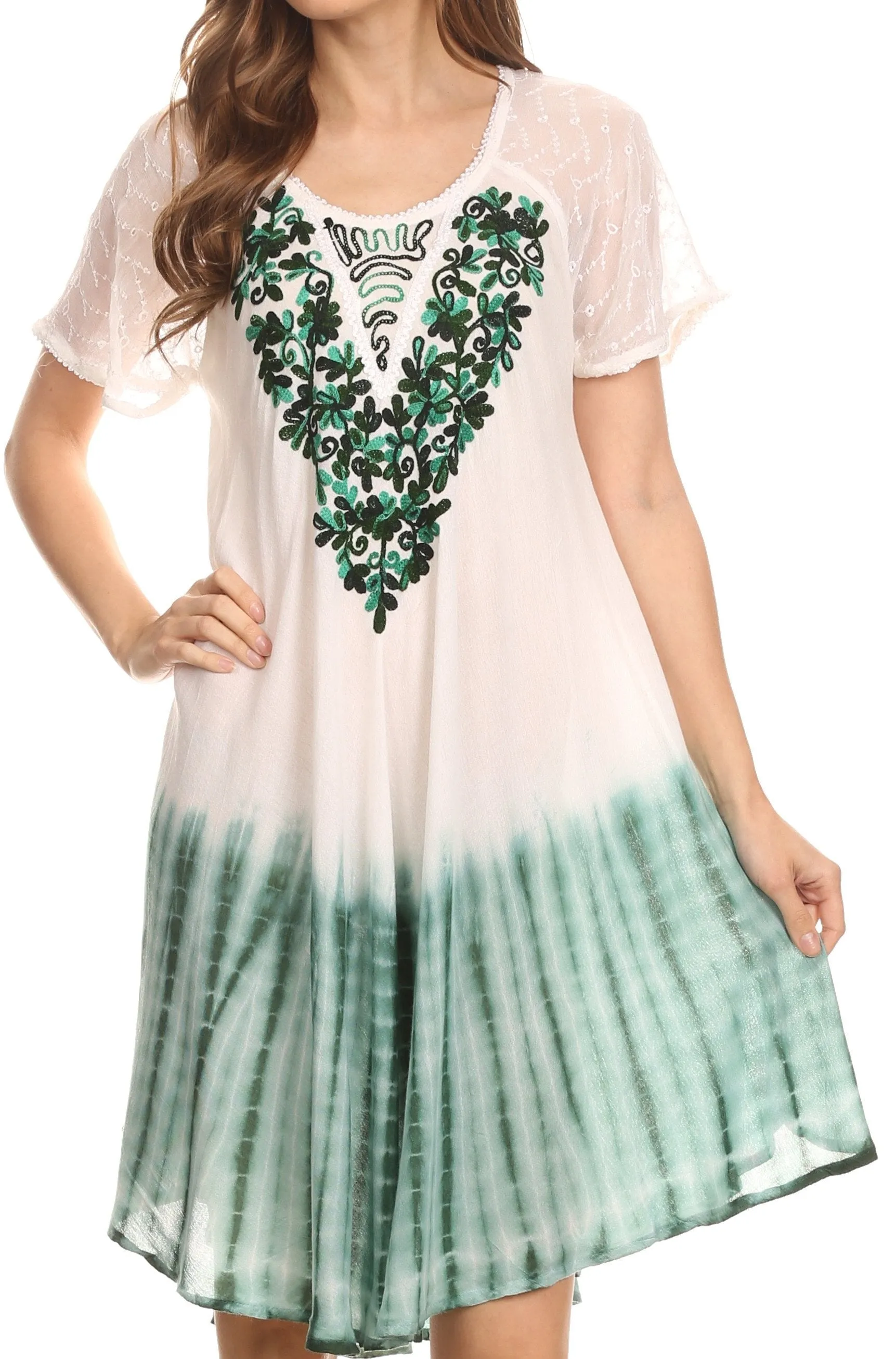 Sakkas Francea Mid Length Caftan Embroidered Cap Sleeves Dress / Cover Up