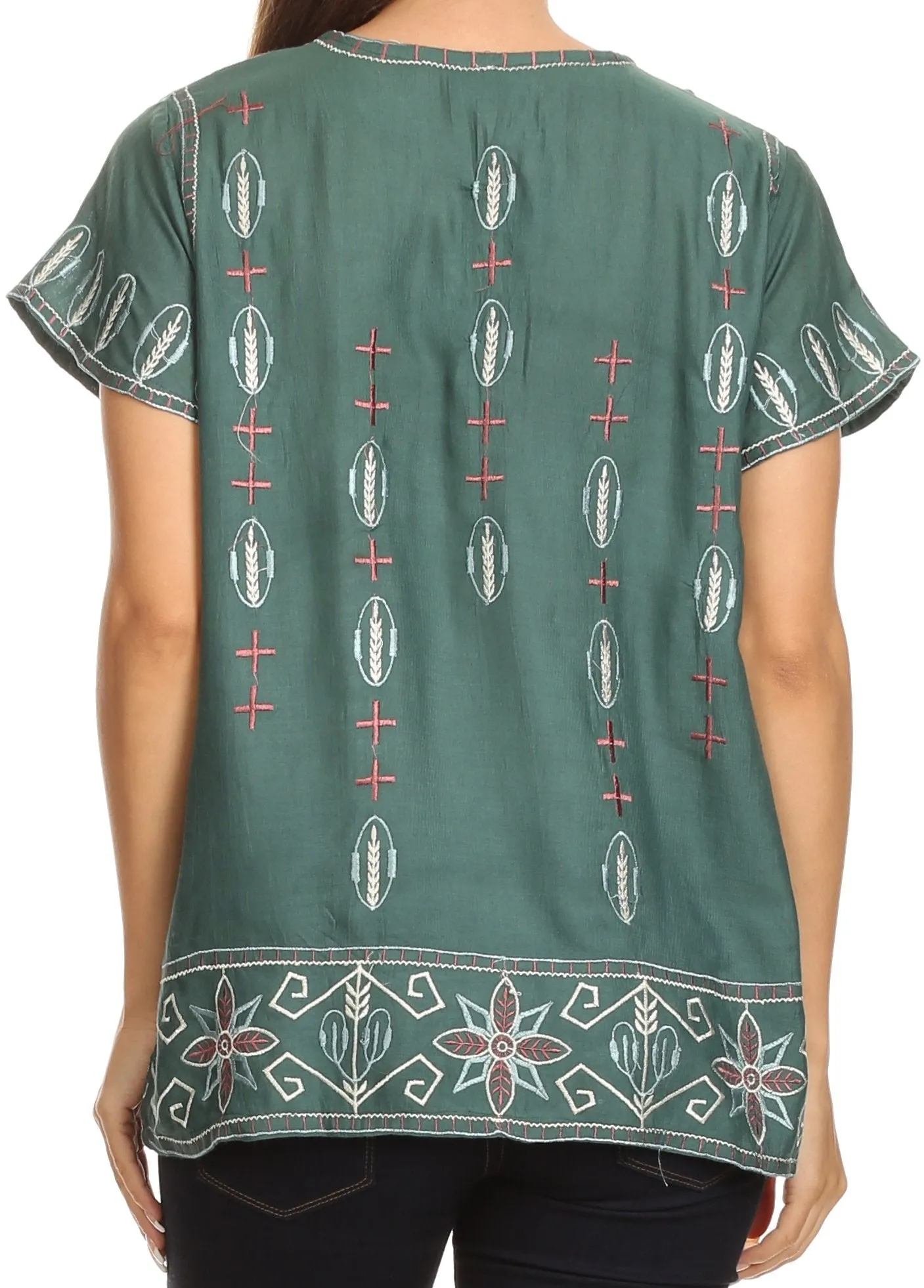 Sakkas Jile Wide Boxy Embroidered Short Sleeve Tassel Tie Top Shirt Tunic Blouse