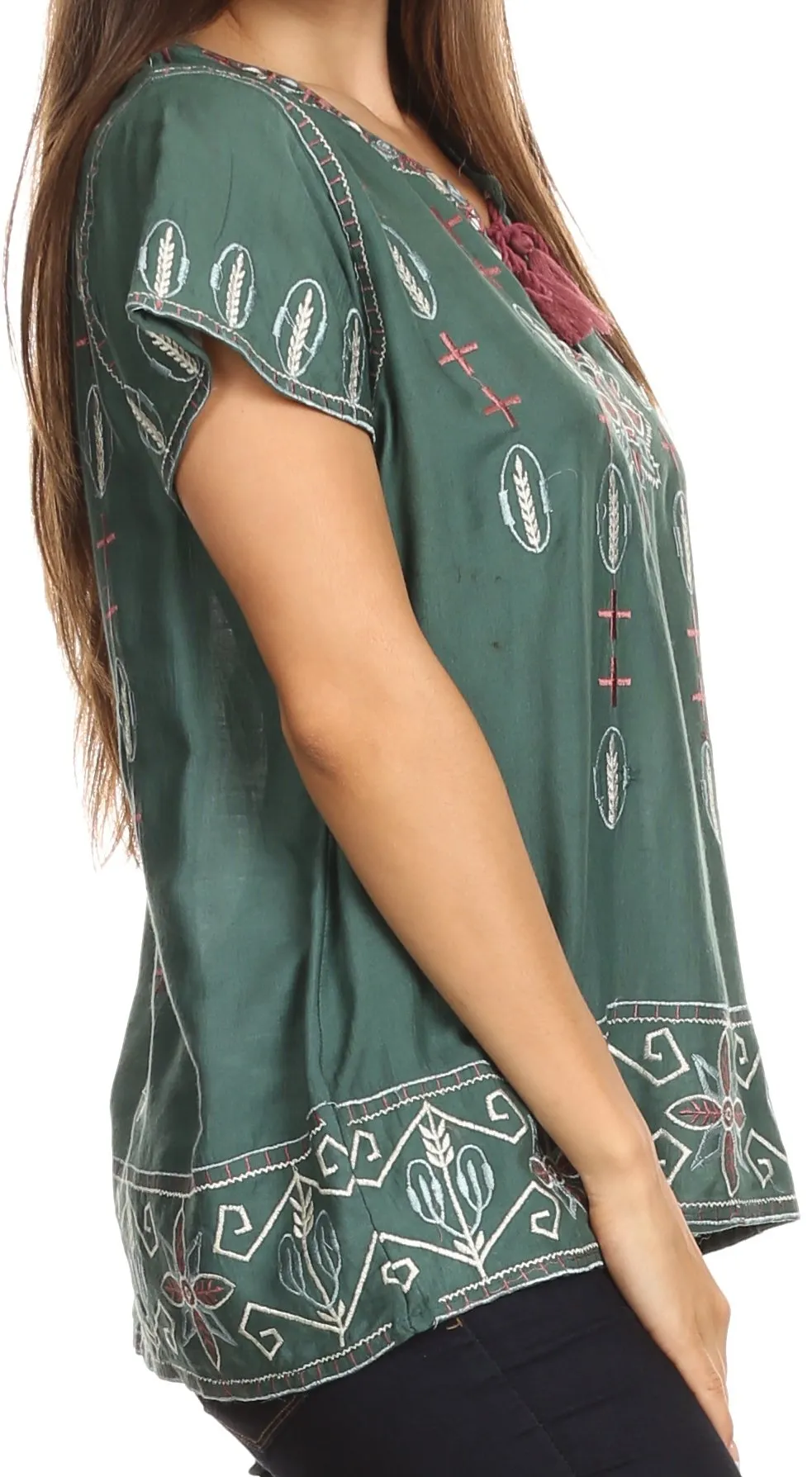 Sakkas Jile Wide Boxy Embroidered Short Sleeve Tassel Tie Top Shirt Tunic Blouse