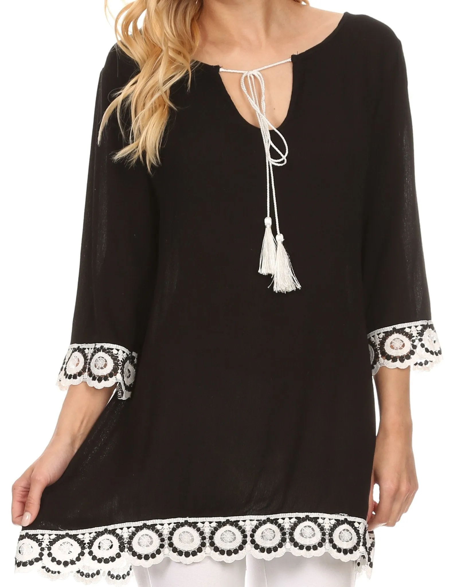 Sakkas Lungora Long Lace Crochet Embroidered Tassel Batik Tunic Blouse Shirt Top