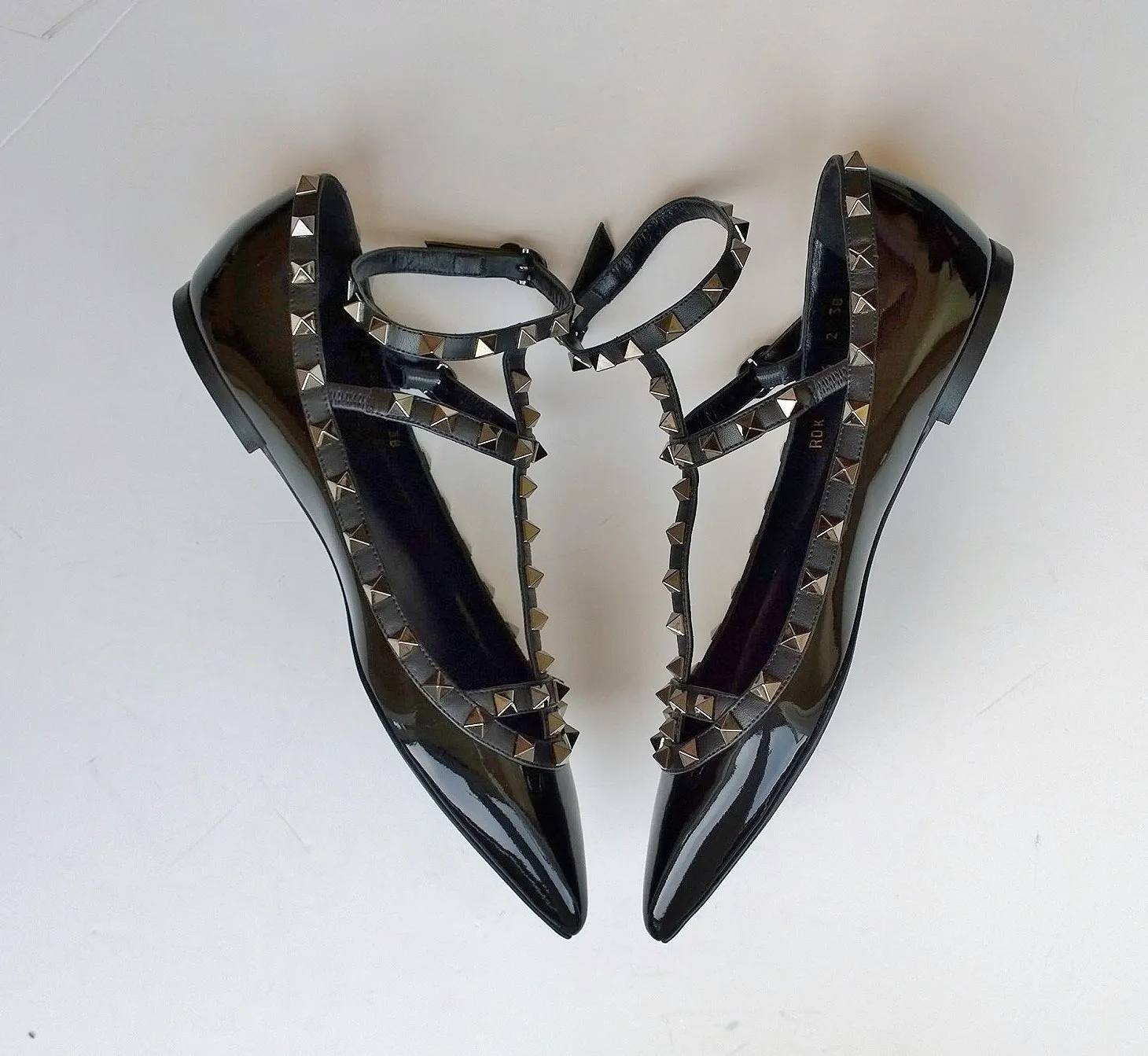 Valentino Noir Rockstud Flats in Black Patent with black straps and black studs