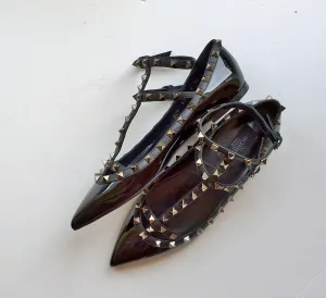 Valentino Noir Rockstud Flats in Black Patent with black straps and black studs