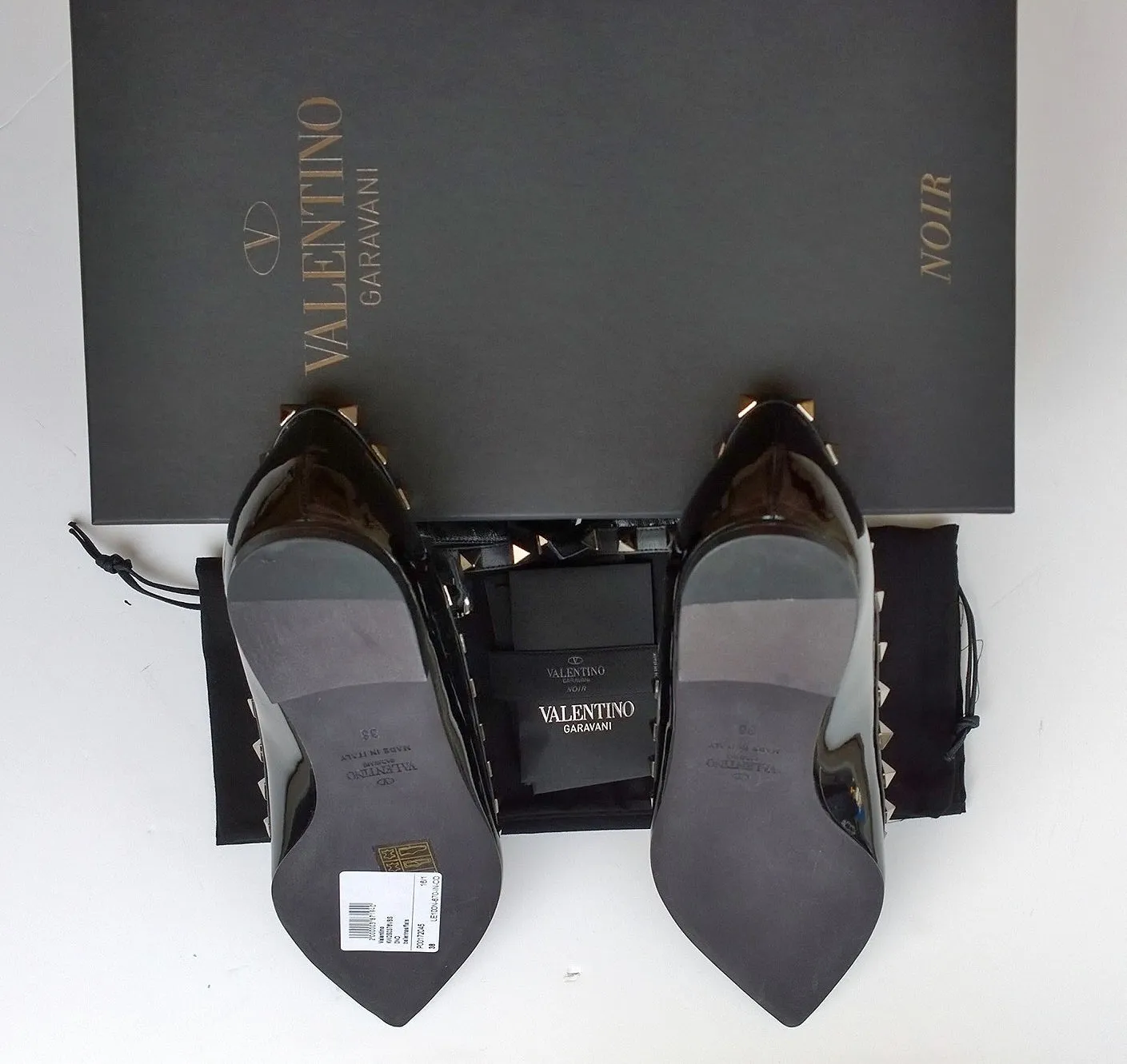 Valentino Noir Rockstud Flats in Black Patent with black straps and black studs